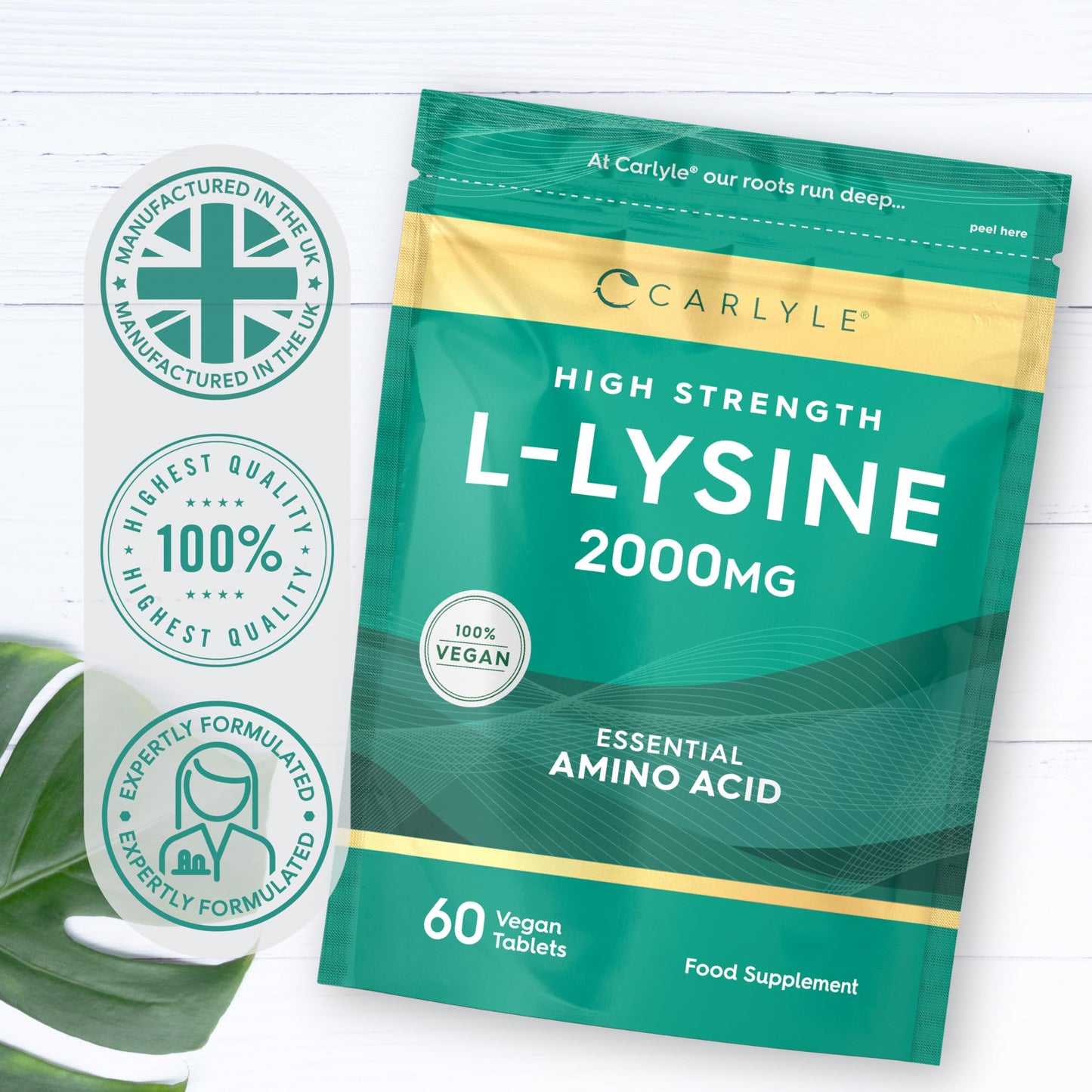 L-Lysine 2000mg Tablets | 60 Count | High Strength Vegan Supplement | Essential Amino Acid | by Carlyle