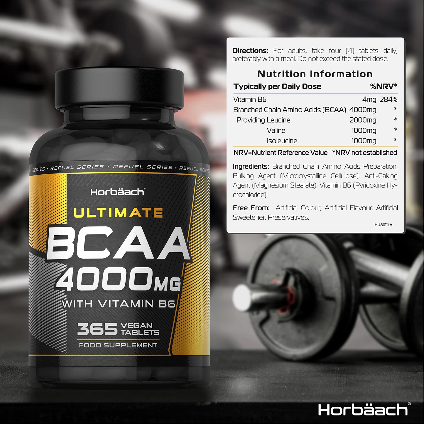 BCAA Tablet | 4000mg BCAAs per Serving | 365 Vegan Tablets | Essential Amino Acid Supplement with Vitamin B6 | by Horbaach