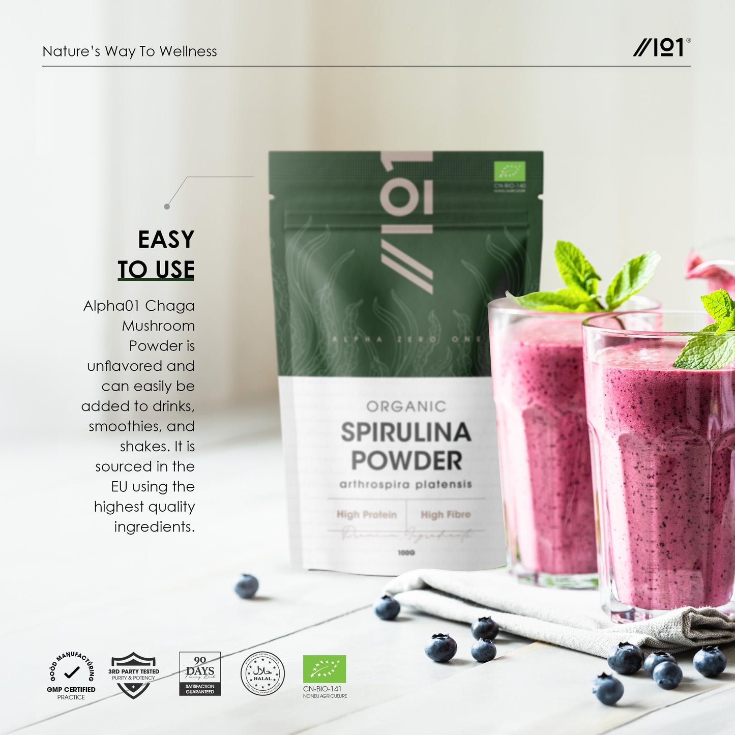 Organic Spirulina Powder 100g – 100% Cold Pressed – Resealable and Recyclable Pouch – by Alpha01