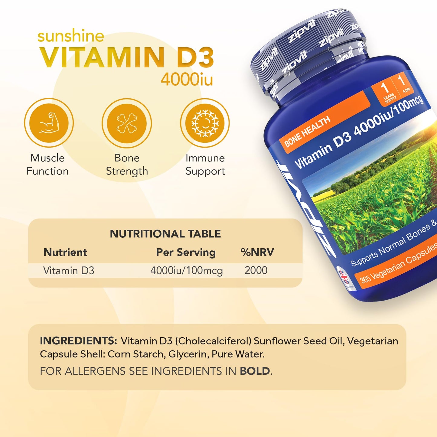Zipvit Vitamin D3 4000IU Softgels, High Strength Vitamin D Supplement, Immune Support, 12 Months Supply, 360 Vegetarian Easy to Swallow Softgels