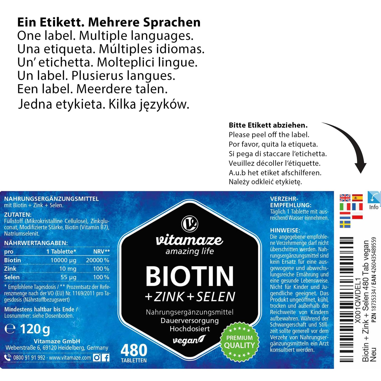 Biotin Hair Growth 10.000 mcg Complex - with Selenium and Zinc - 480 Days Supply for Hair, Skin and Nails - 480 Vegan Tablets - German Quality - Vitamaze®