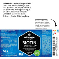 Biotin Hair Growth 10.000 mcg Complex - with Selenium and Zinc - 480 Days Supply for Hair, Skin and Nails - 480 Vegan Tablets - German Quality - Vitamaze®