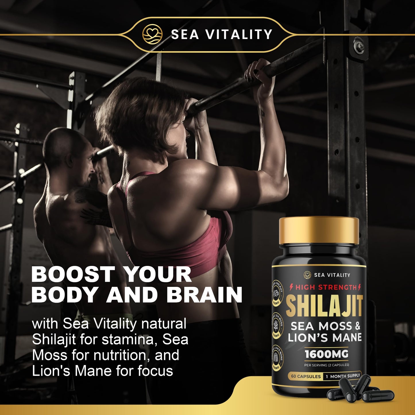 SEA VITALITY Shilajit SeaMoss and Lions Mane Capsules - 60 High-Strength Vegetable Capsules, 1600mg per Serving, Pure Shilajit, Natural Sea Moss, and Lion's Mane for Enhanced Cognitive and Physical Health