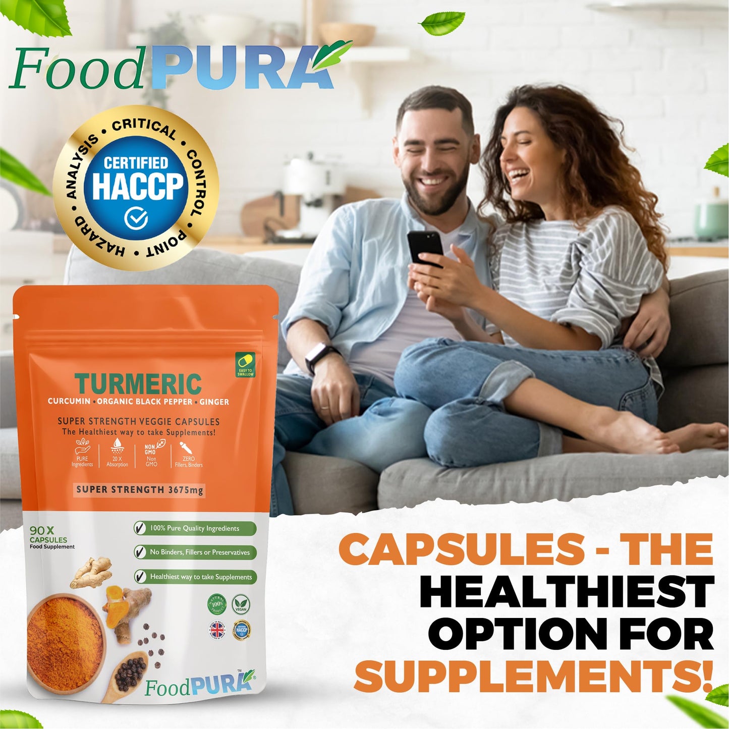 FoodPURA Turmeric Curcumin Capsules with Black Pepper & Ginger High Strength 3675mg HACCP Certified, Manufactured in The UK by FoodPURA (90)