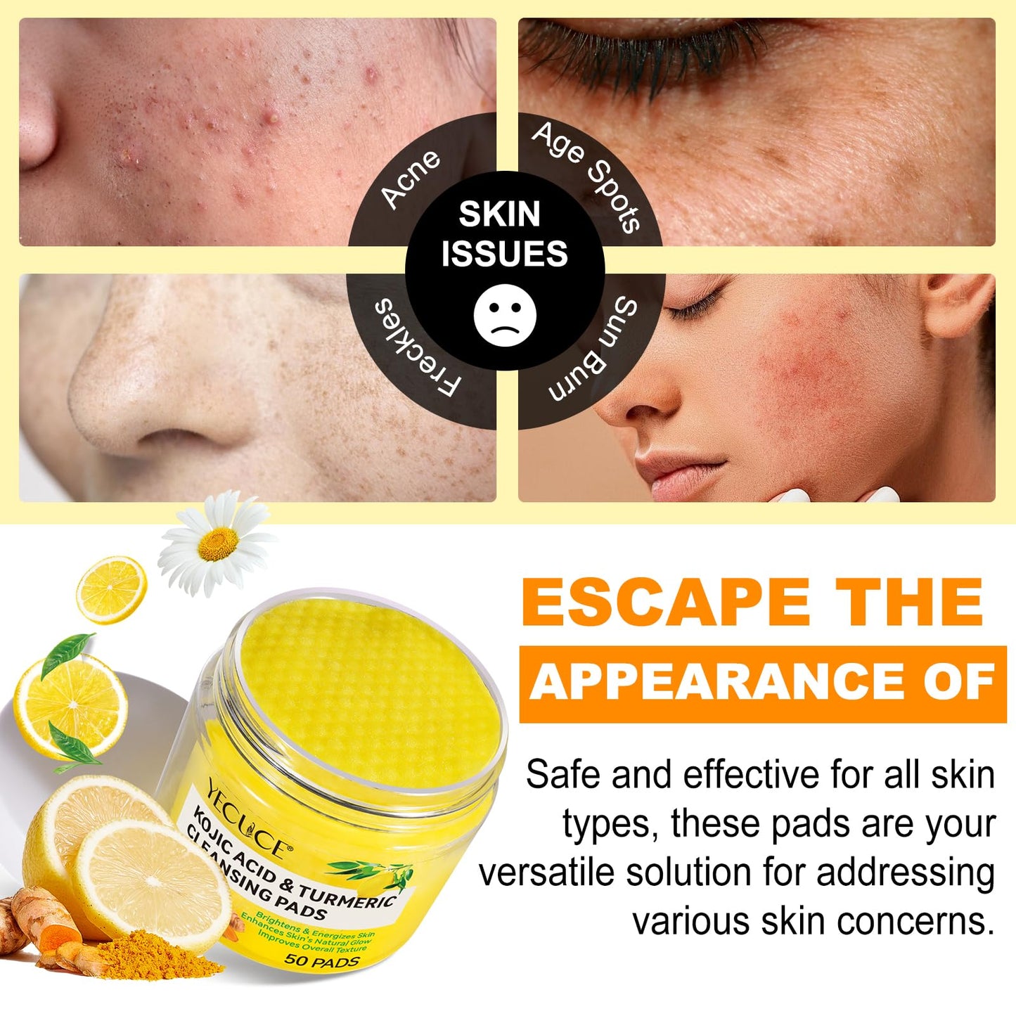 Kojic Acid Cleansing Pads,Kojic Acid and Turmeric Cleansing Pads for Face & Body,Helps Balance Skin Oil And Water, Gentle & Non-Irritating,Natural Ingredients,All Skin Types(50Pads)