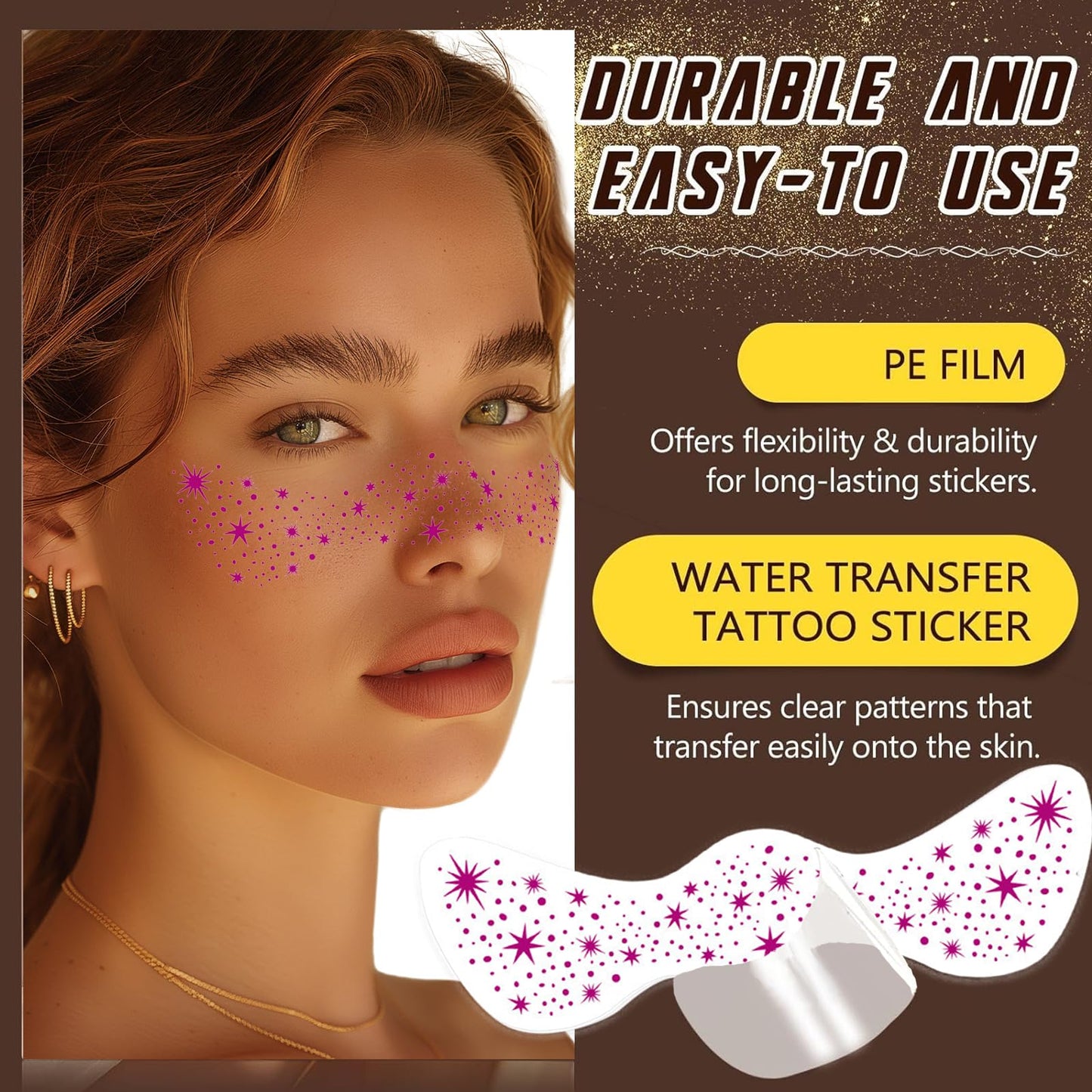 AmiCera Glitter Freckles Face Tattoo, 6 Pcs Face Glitter Freckles Gold for Kids Women, Fake Sparkle Temporary Tattoos Stickers for Girls and Adults Festival Makeup Accessories Face Decor, Maroon
