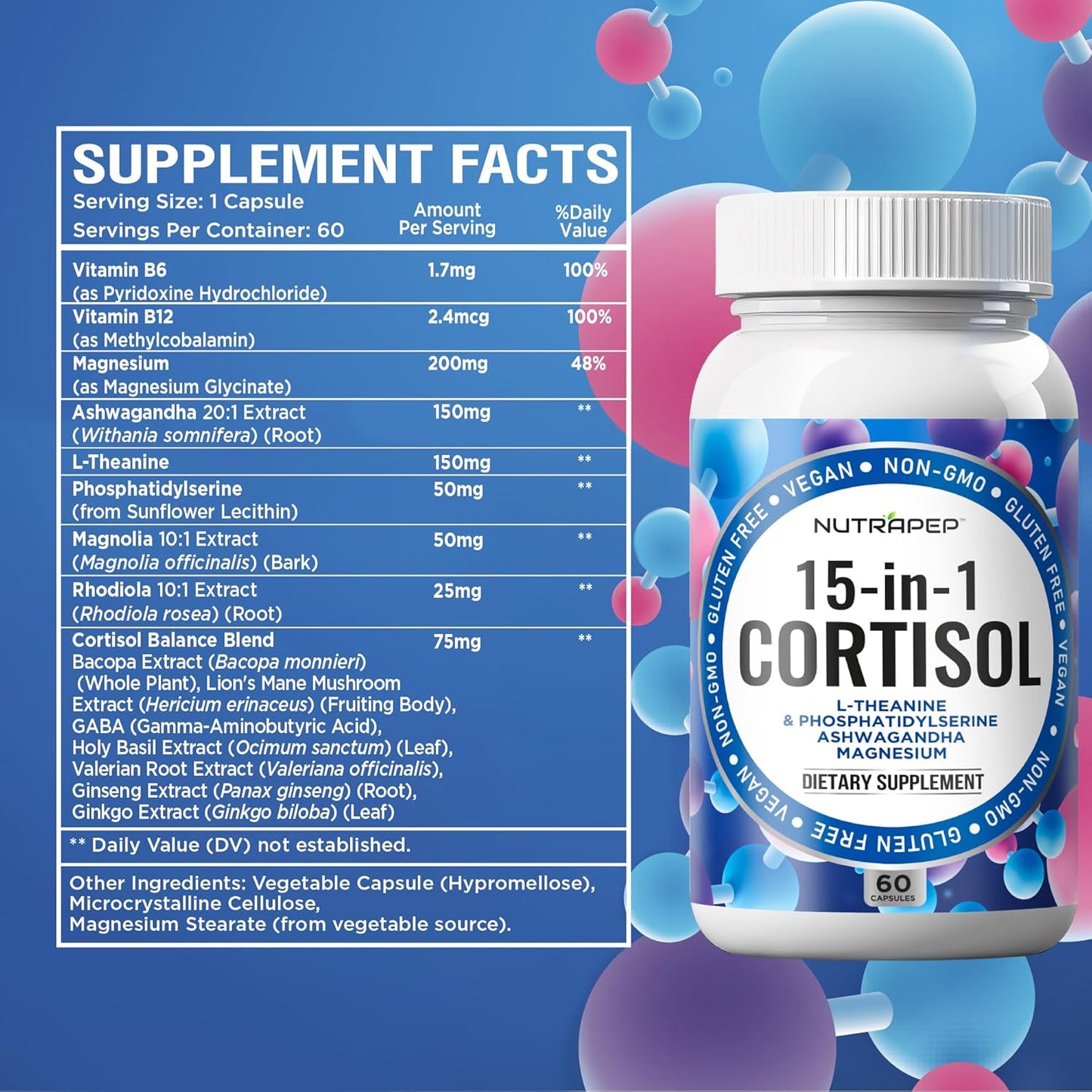 15-in-1 Cortisol Detox Supplement Men Women - Reduce Lower Cortisol High Cortisol Reducer Blocker Control - Supports Stress Mood Rest Adrenal Calm Relax with Ashwagandha L-Theanine Magnesium