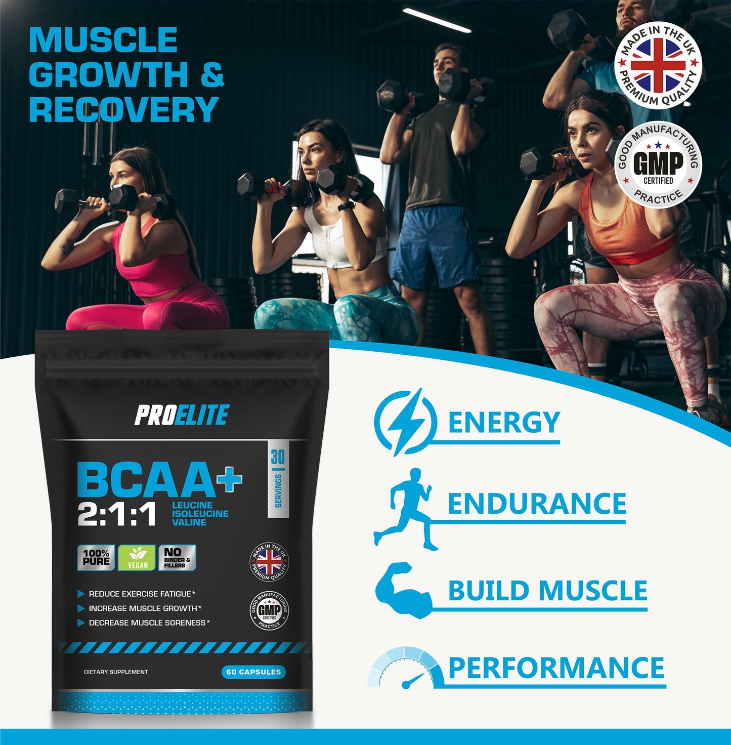 BCAA Capsule 3000mg Per Serving - 60 Vegan Capsules - 2:1:1 Branched Chain Amino Acids Capsules with Vitamin B12 & B6 - BCAA Powder Tablets Alternative - Pre Post Workout for Energy by PROELITE