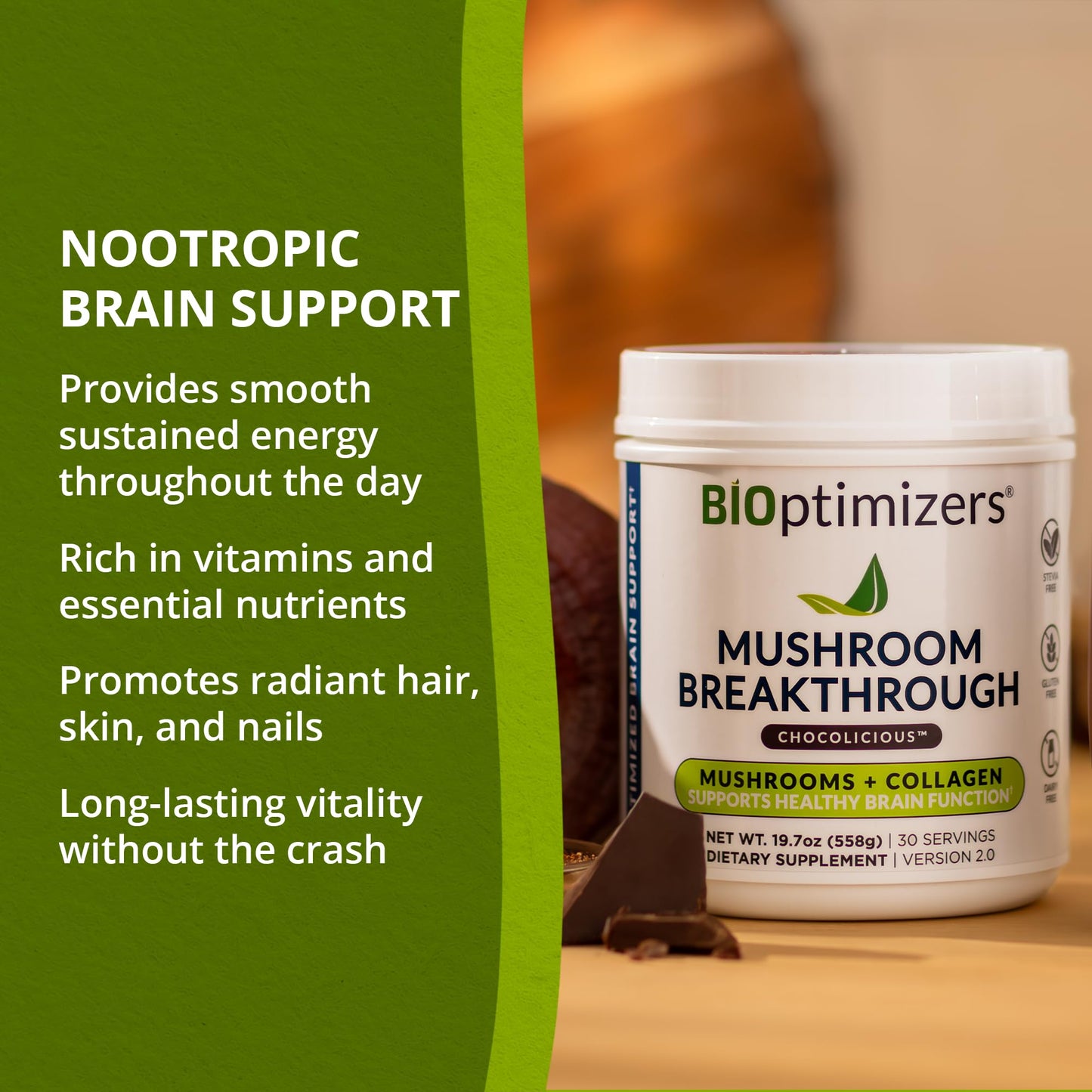 BiOptimizers Chocolicious Mushroom Breakthrough | Nootropic Supplement Blended Powder of Mushroom, Collagen & Superfoods: Lion’s Mane, Chaga, Reishi | 30 Servings