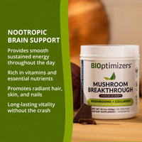 BiOptimizers Chocolicious Mushroom Breakthrough | Nootropic Supplement Blended Powder of Mushroom, Collagen & Superfoods: Lion’s Mane, Chaga, Reishi | 30 Servings
