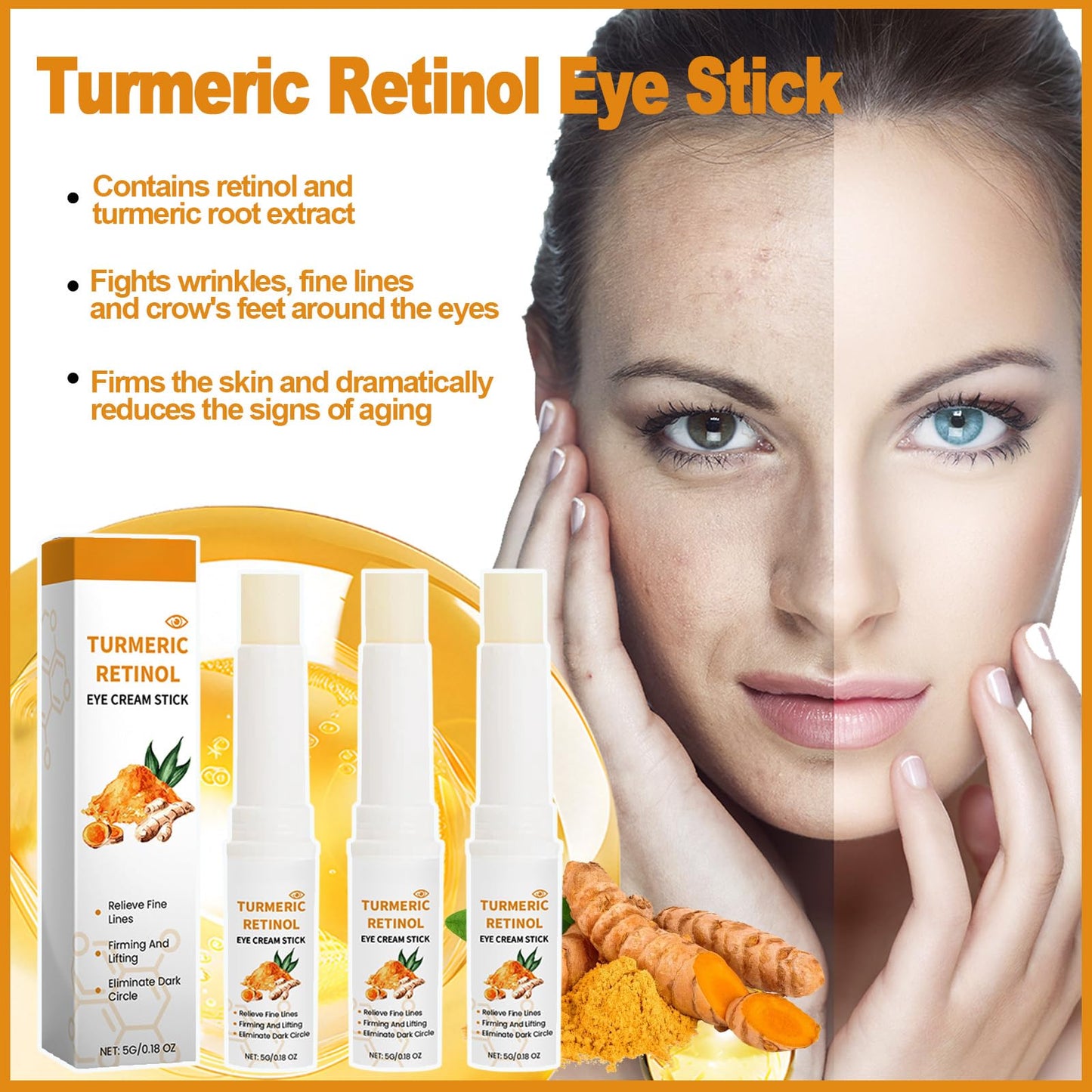 Trendyfave Turmeric Retinol Eye Stick, Eye Cream For Dark Circles And Puffy Eyes, Eye Cream Anti Aging,For Fine Lines,Eye Bags Remover, Anti Wrinkle,Dull Eye Skin, Moisturizing, Firming, Hydrating,3pcs