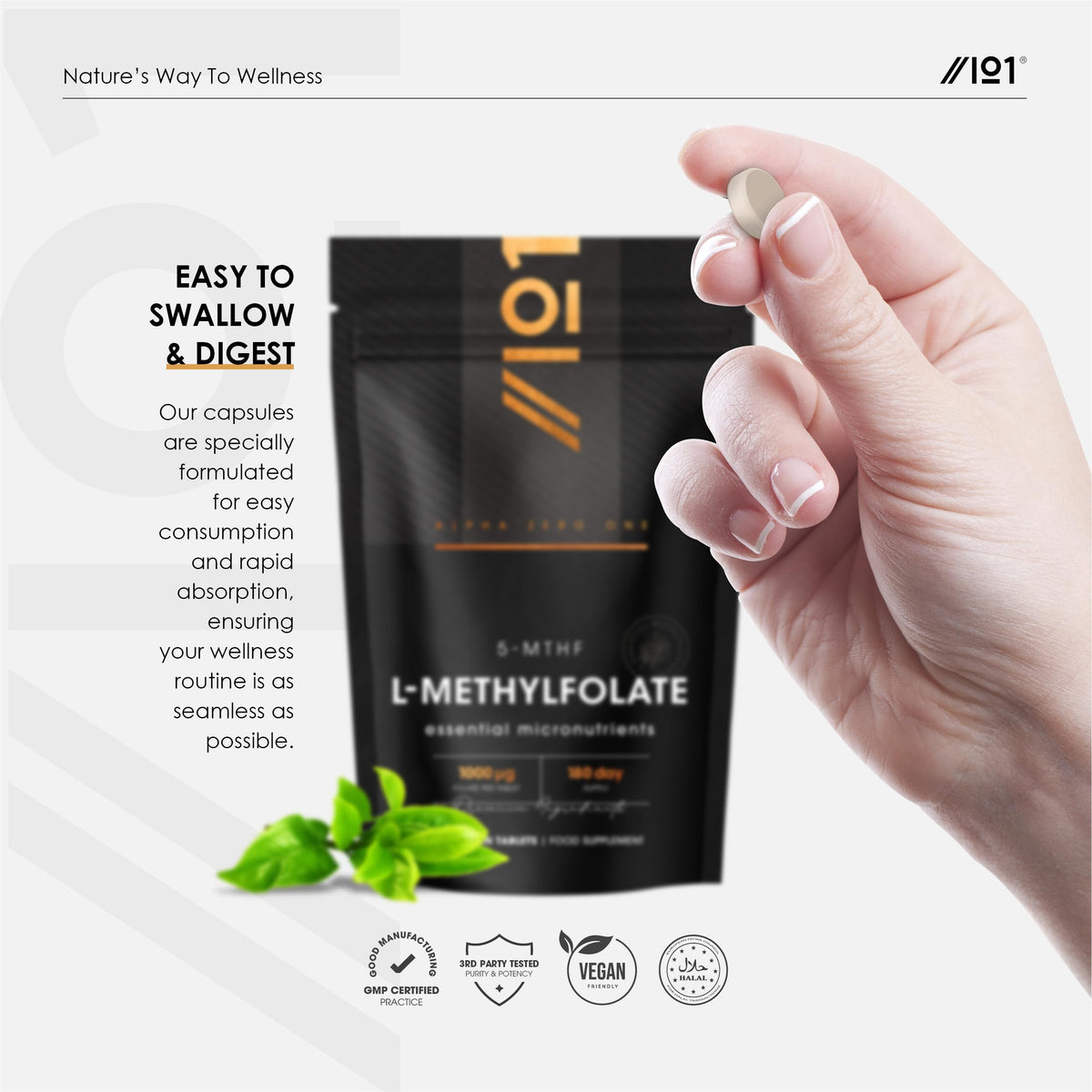 ALPHA01 Folate (L-Methylfolate) 1000μg – 180 Vegan Tablets – L-5-MTHF Active Form of Folic Acid/Vitamin B9 - Resealable and Recyclable Pouch by Alpha01