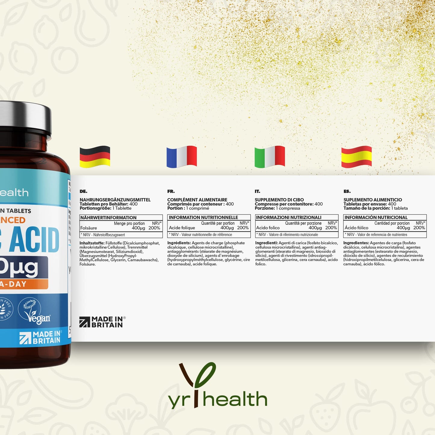 yrhealth Folic Acid 400 mcg Tablets - 400 Vegan Vitamin B9 Tablets for Women, 13 Month Supply, Folic Acid Pregnancy for Normal Function of Immune System and Maternal Tissue Growth - Made in The UK by YrHealth