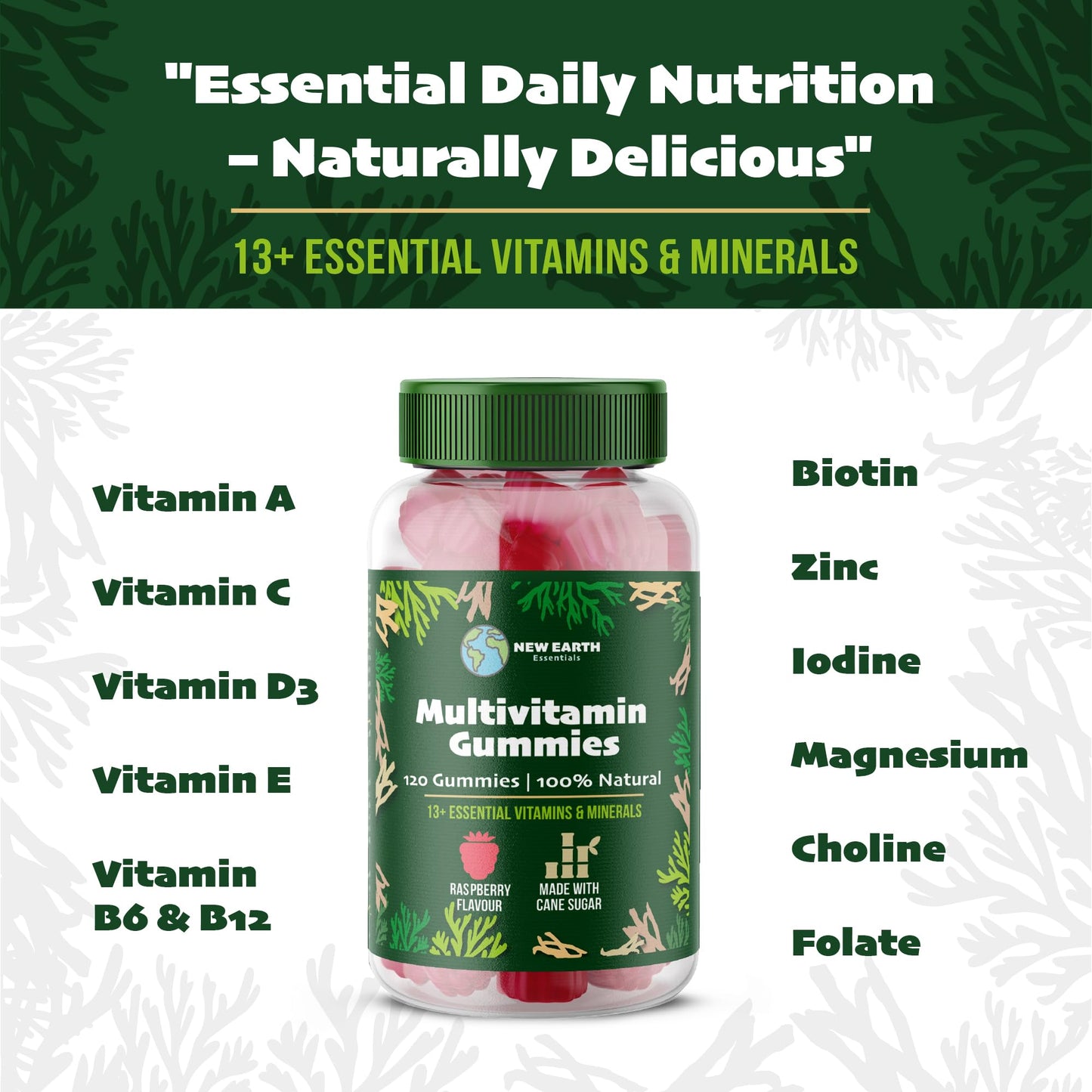 New Earth Essentials Multivitamin Gummies with Vitamin A,B,C,D,E, B6 B12, Biotin, Zinc | Made with Cane Sugar