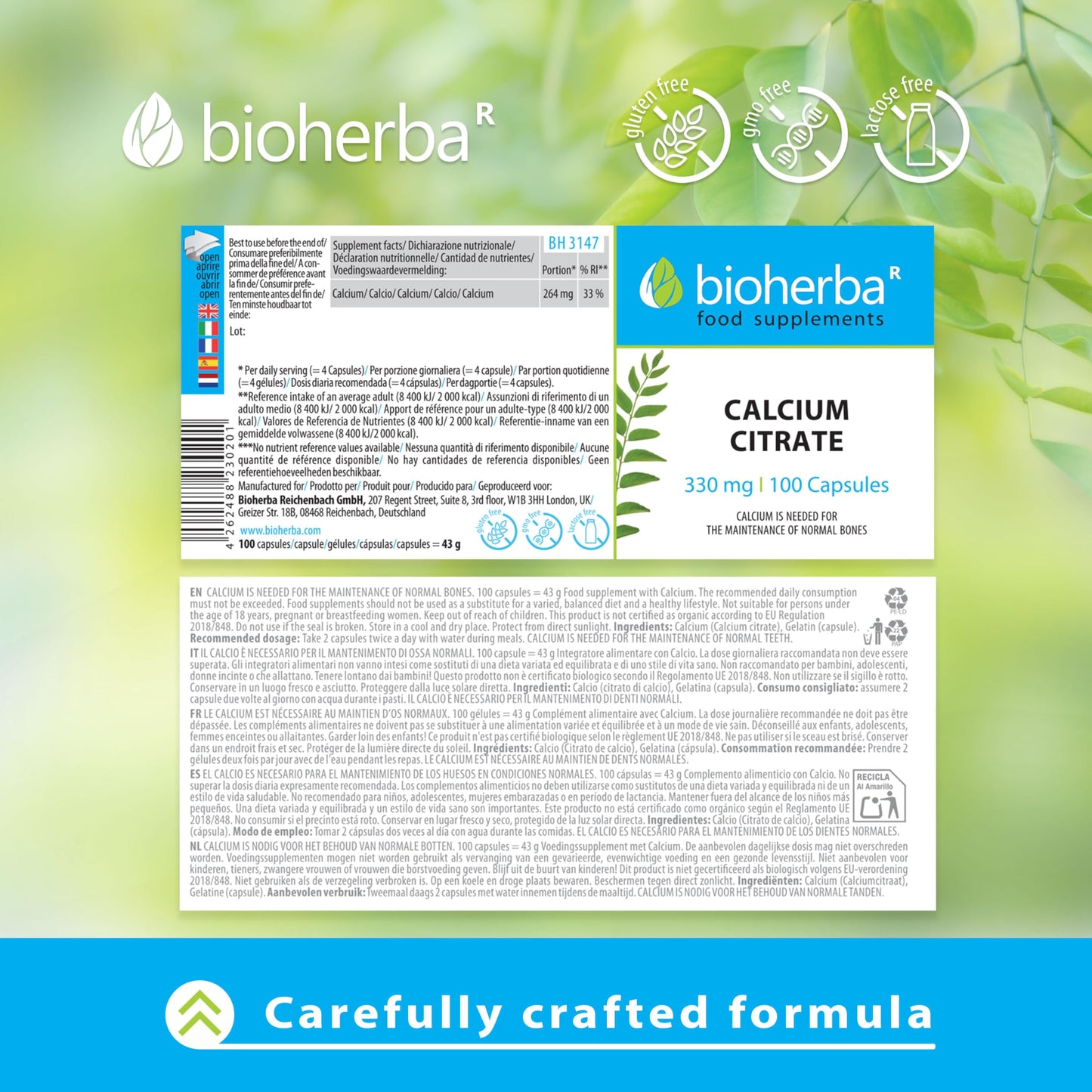 Calcium Capsules - 330 mg Calcium Citrate - 100 Capsules - High-Potency Supplement for Strong Bones and Teeth by BIOHERBA