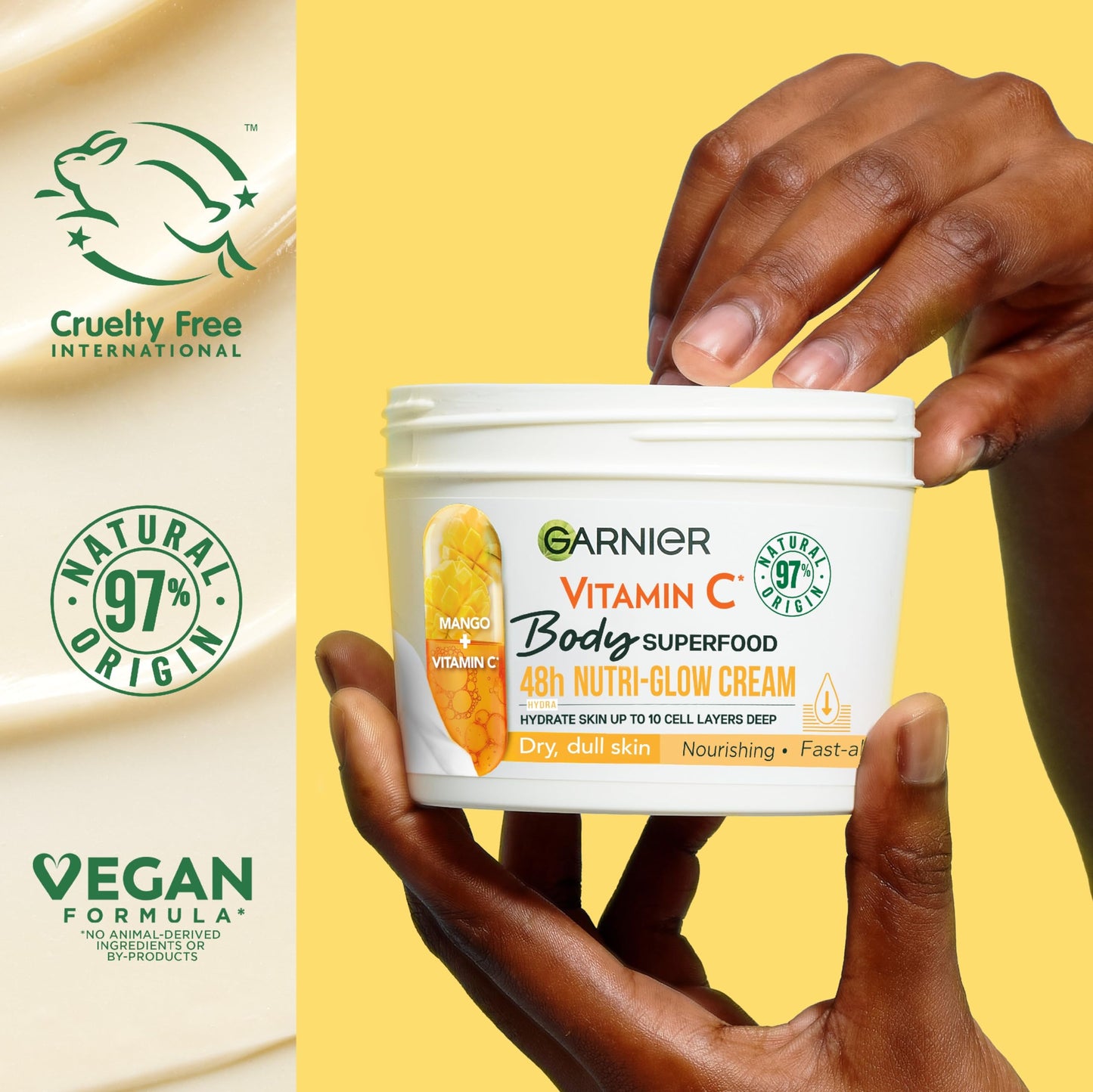 Garnier Body Superfood, Nutri Glow Body Cream, Vitamin C & Mango, for Dry & Dull Skin, Brightening & Glowing, Nourishing & Fast Absorbing, Vegan Formula, Approved by Cruelty Free International, 300ml