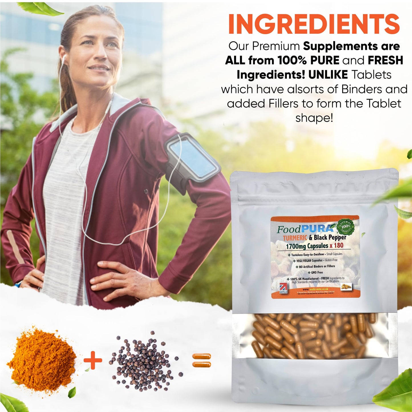 FoodPURA Turmeric with Black Pepper Capsules High Strength 1700mg HACCP Certified, Manufactured in The UK by FoodPURA 1 Pack of 180 Capsules