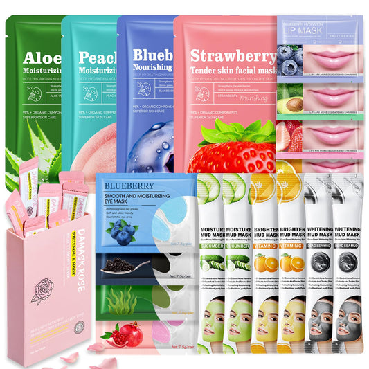 Shefave 28-Piece Face Masks Skincare Set – Hydrating Facial Sheet Mask, Lip & Eye Mask, Preppy Stuff Face Mask Set For Glowing Skin – Girls Party Bag Fillers, Pamper Gifts For Women