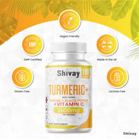 Turmeric Curcumin 2600mg Per Serving | with Added Ginger, Black Pepper & Vitamin C | 180 Vegan Tablets - 3 Month Supply | High Strength Curcumin Natural Supplement | Made in The UK | Shivay Herbals