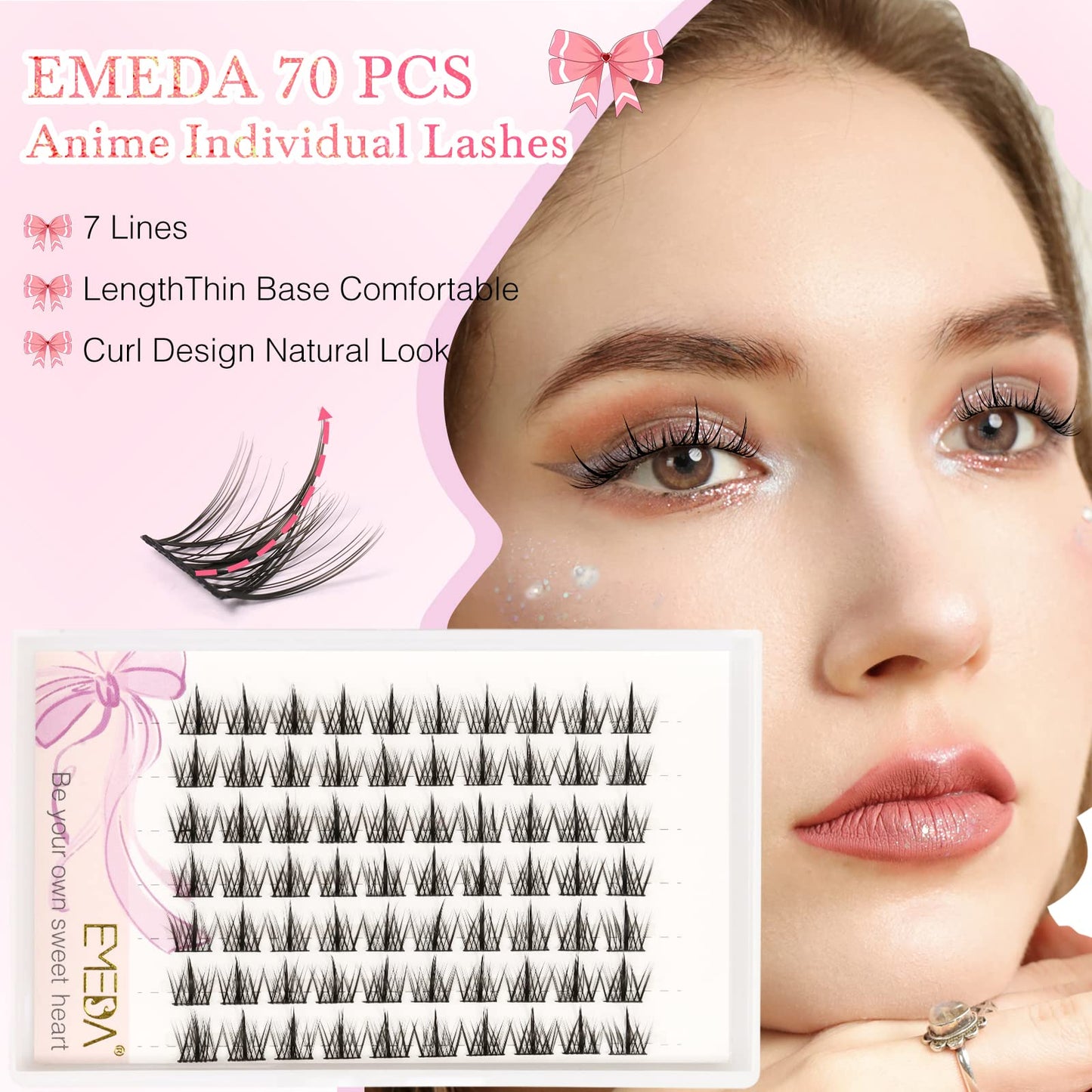 EMEDA Cluster Lashes Anime 70 Pcs DIY False Eyelashes C Curl Individual Lashes 11mm Manga Lashes DIY Eyelash Extensions Thin Band Natural Cluster Lash Kit (11mm)