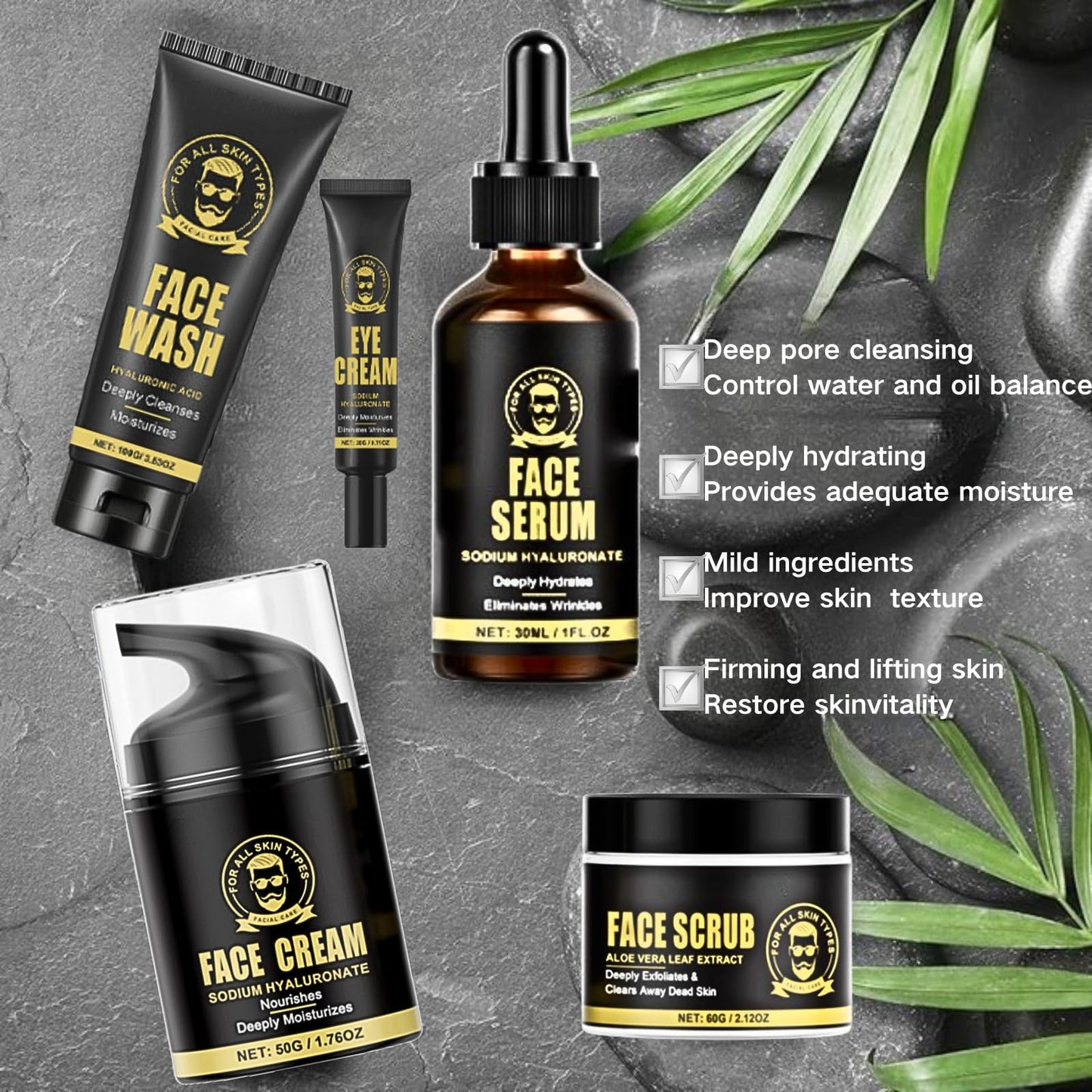 TBeautfave 5PCS Men's Anti-Aging Care Set - Mens Skin Care Sets & Kits - Mens Face Cream, Face Wash & Scrub, Eye Cream, Anti Wrinkle Serum- Gifts for Men -Moisturiser For Men Day & Night