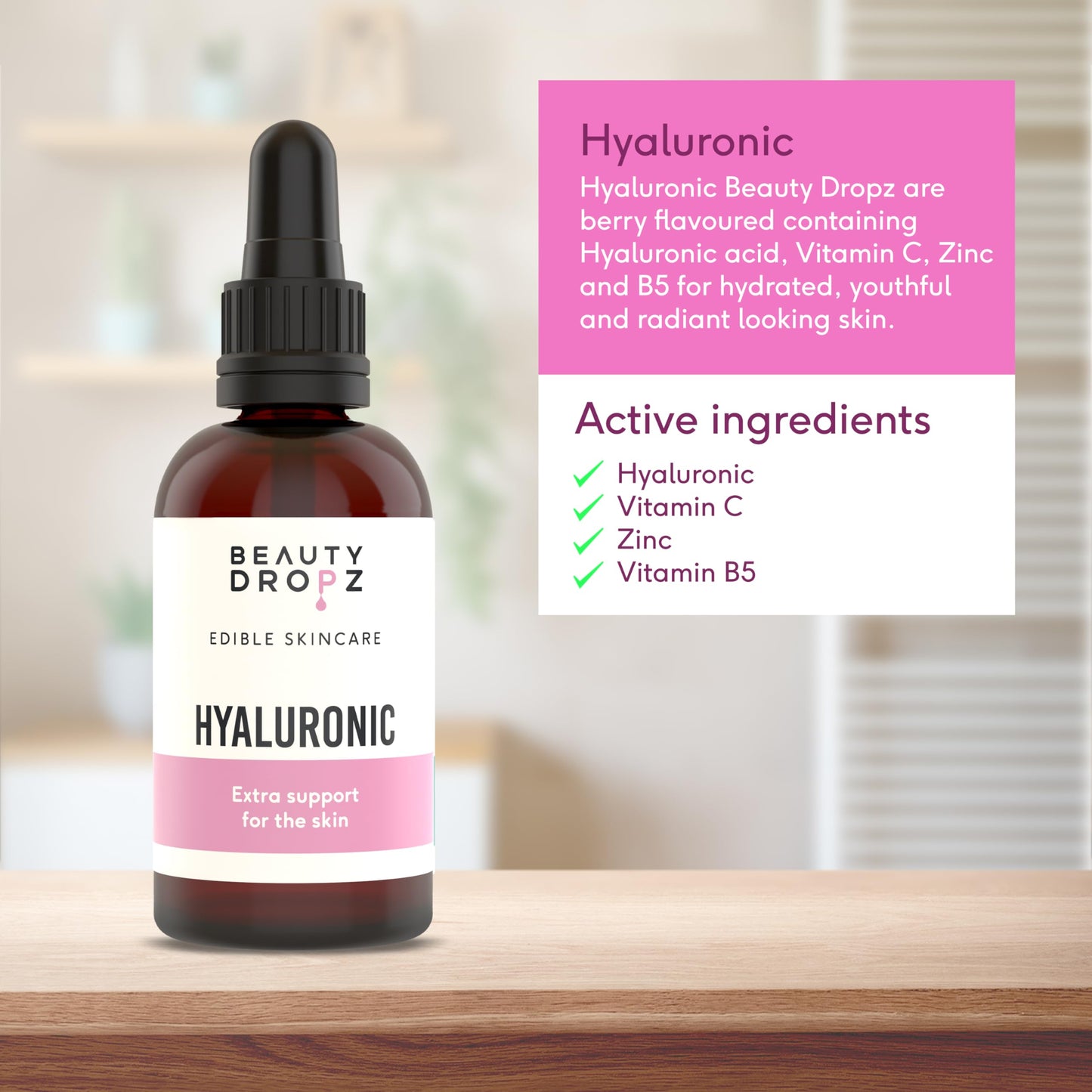 Beauty Dropz Hyaluronic Oral Skin Care Drops – Radiant Skin – Vitamin C – Plumping Support – Vitamin B5 / Vegan Liquid Supplement with Zinc & Glycerine – Berry Flavour – 60ml