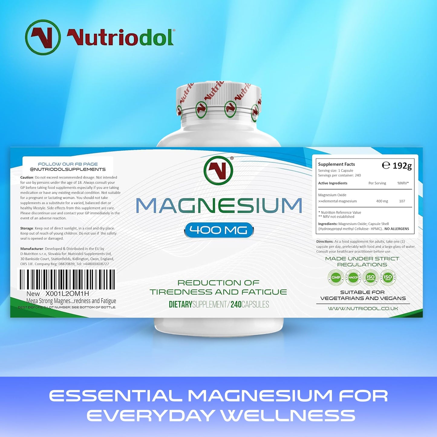 Mega Strong Magnesium Capsules 400mg | 240 Easy to Swallow Supplements | 8 Months Supply | Reduce Tiredness and Fatigue