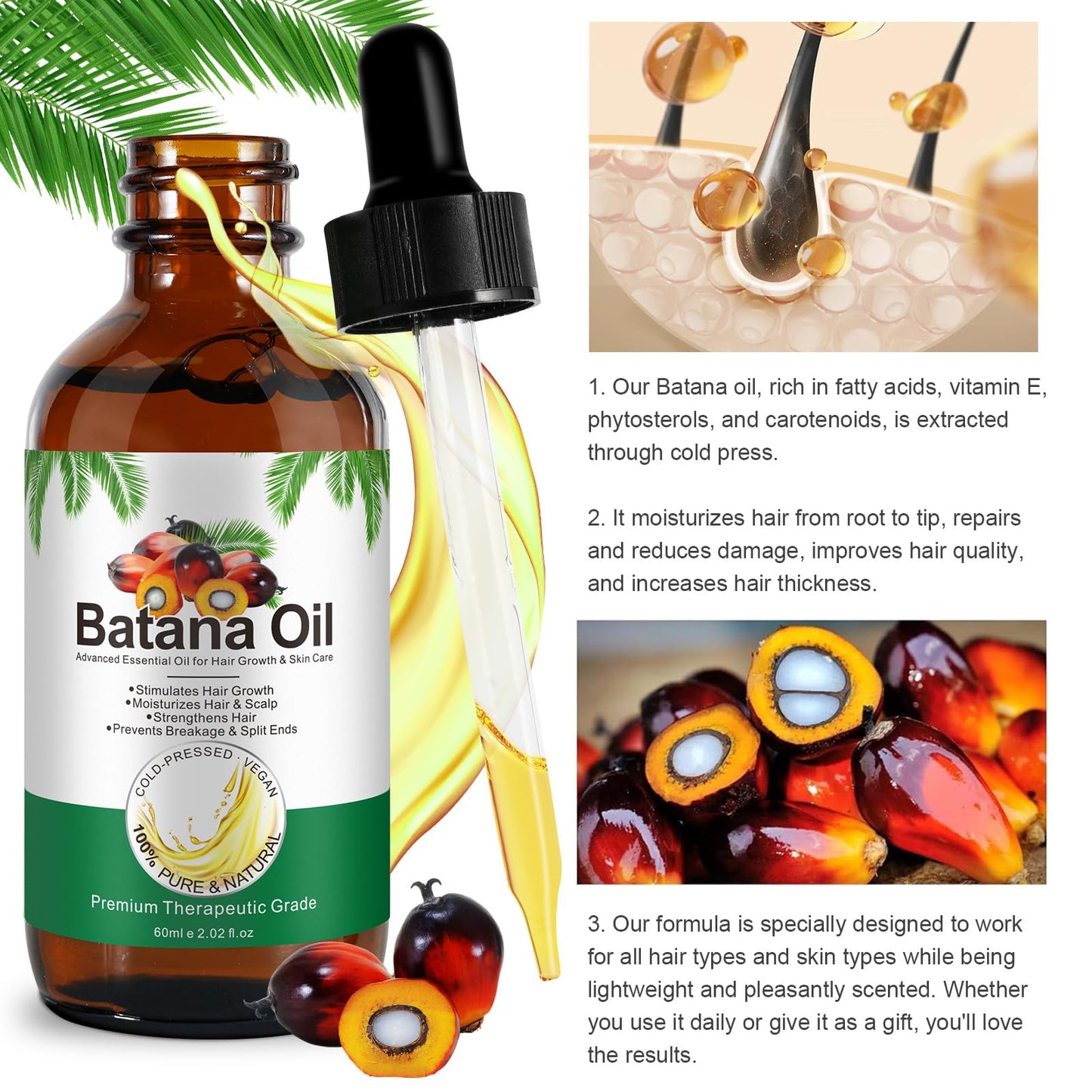 Generic 100% Pure & Natural Batana Hair Growth Oil-Eliminates Split Ends-Prevent Hair Loss-Increases Shine for Men & Women-For Thicker & Stronger Hair-Repairs Damaged Hair & Skin For Men & Women(60ml)
