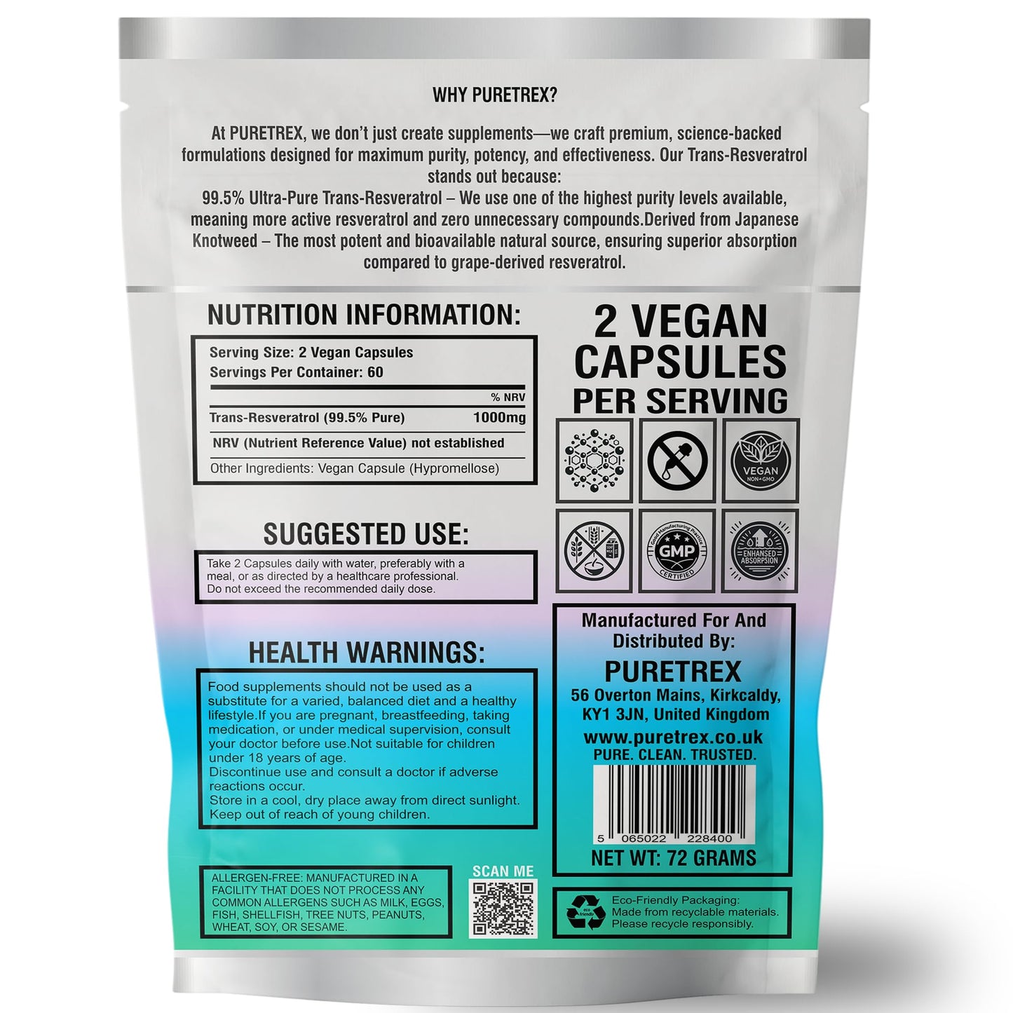 Puretrex Trans Resveratrol, 1000mg, 120 Vegan Capsules, Ultra-Pure Japanese Knotweed Extract, GMP Certified