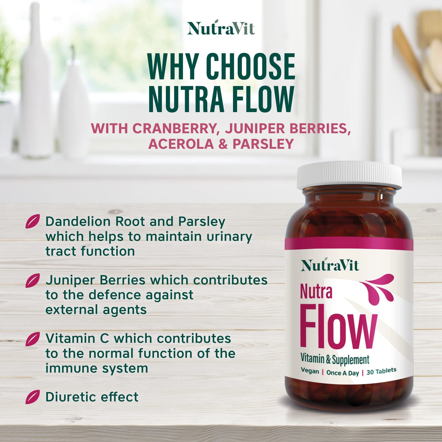 NUTRAFLOW - UTI Vitamin | Urinary Infection Vitamin - 30 Tablets | Ease Discomfort Within The Urinary Tract - Includes Cranberry, Juniper Berries, Acerola & Vitamin C - by NutraVit