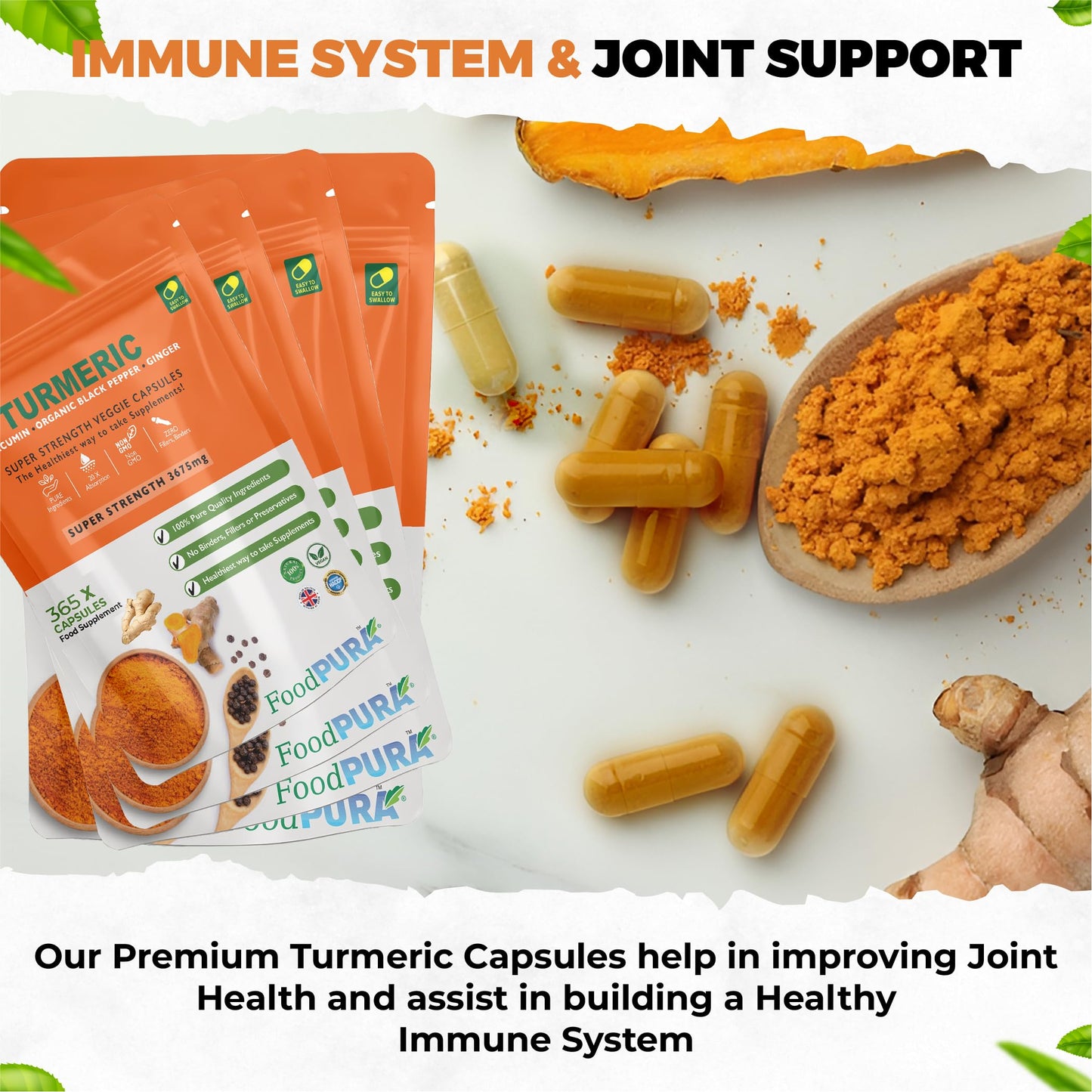FoodPURA Turmeric Curcumin Capsules with Black Pepper & Ginger High Strength 3675mg HACCP Certified, Manufactured in The UK by FoodPURA (365)