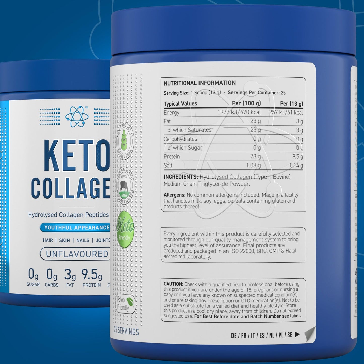 Applied Nutrition Keto Collagen Protein - Keto Protein Powder with MCT, Ketogenic & Paleo Diet, Zero Sugar & Carbs, Healthy Skin, Hair, Nails (Unflavoured) (325g - 25 Servings)