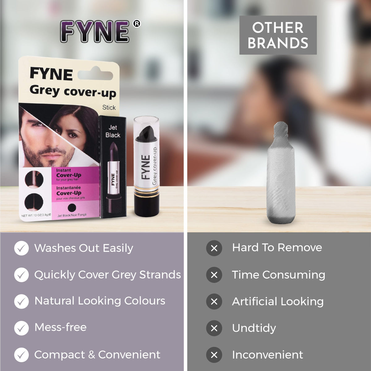 FYNE Root Touch Up Cover Stick - Instant Jet Black Grey Hair Cover Up - Magic Retouch Temporary Hair Colour for Men & Women