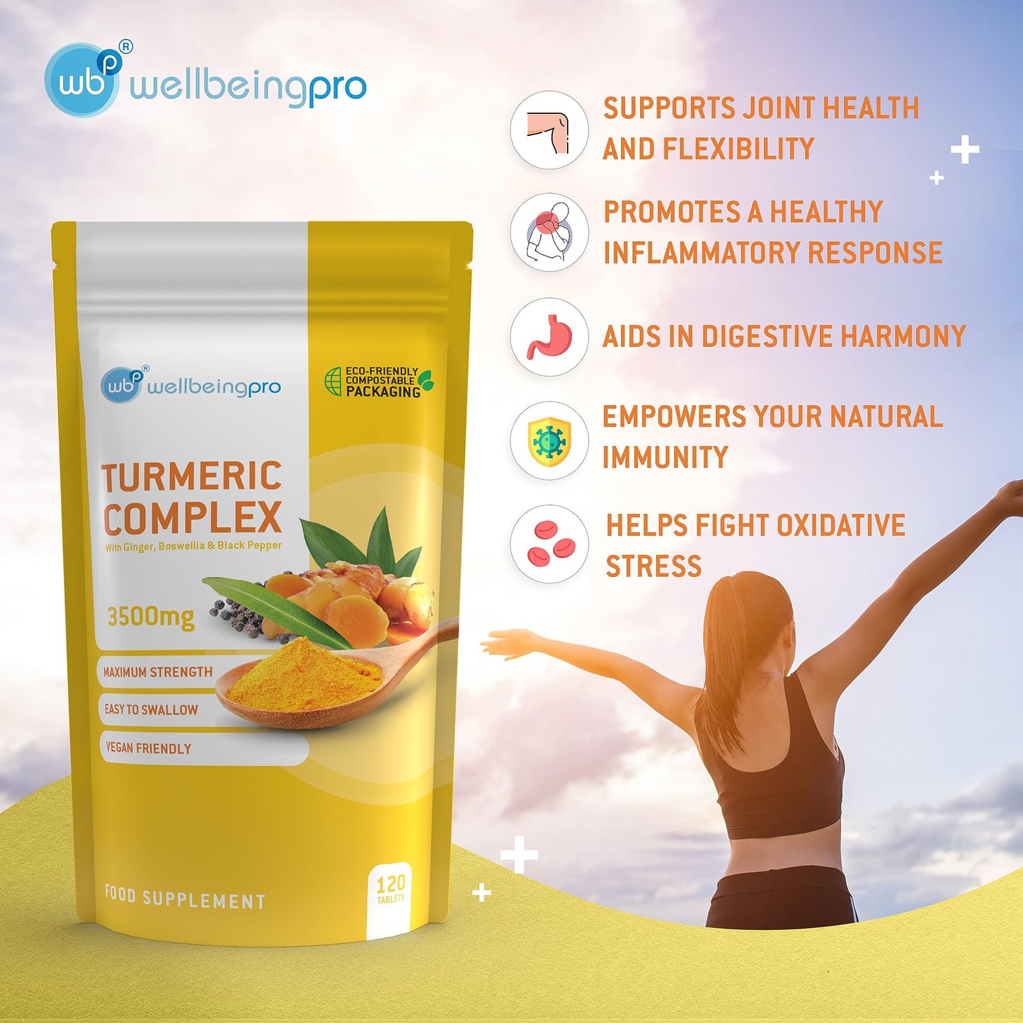 WBP Turmeric Complex 3500mg Maximum Strength (Up to 4 Months Supply) – with 95% Curcumin, Ginger, Boswellia Serrata & Black Pepper – Eco & Letterbox-Friendly Compostable Packaging – 120 Tablets