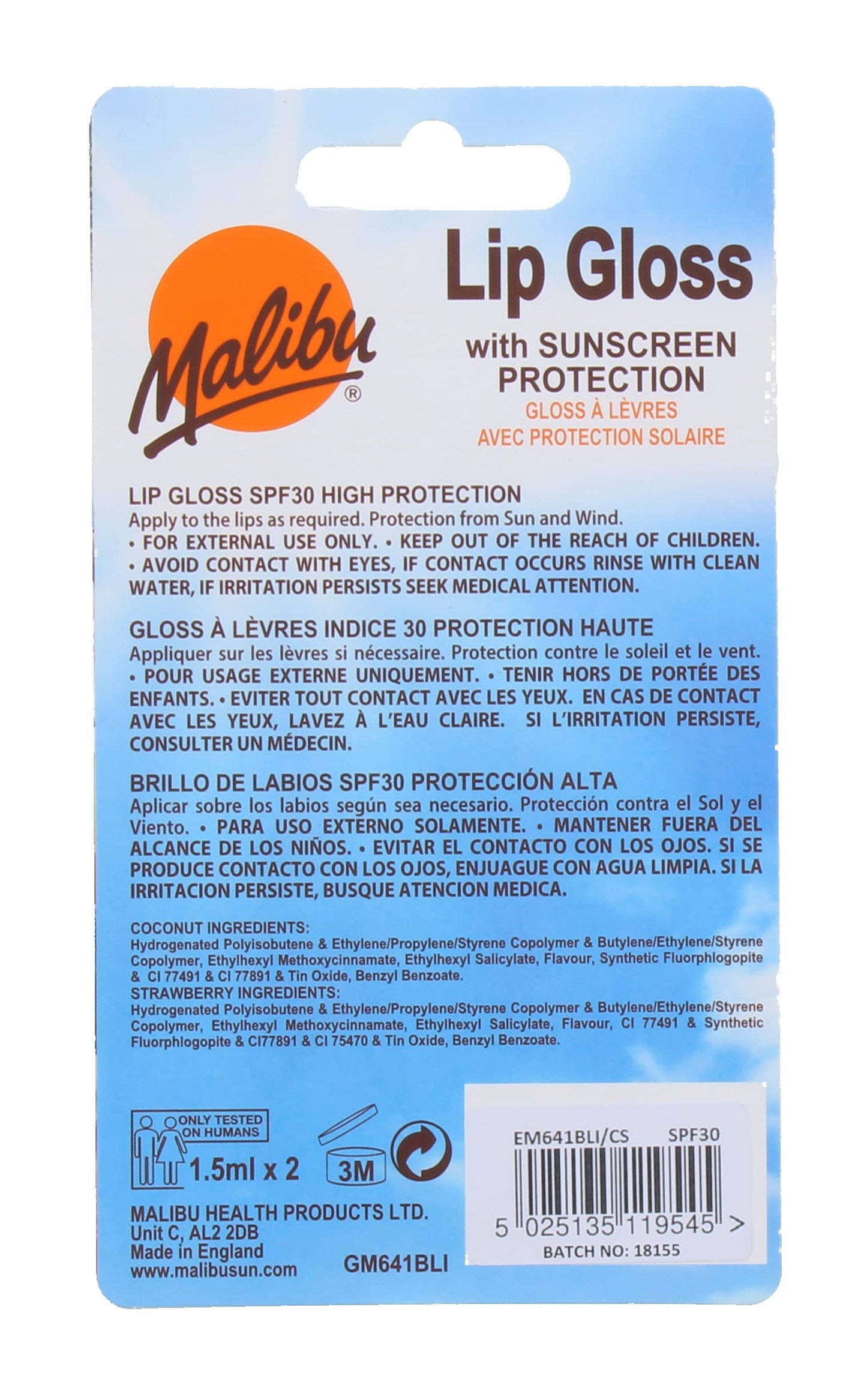 Malibu Sun SPF 30 Sunscreen Lip Gloss, High Protection, Water and Wind Resistant, Coconut and Strawberry, Pack of 2 x 1.5ml
