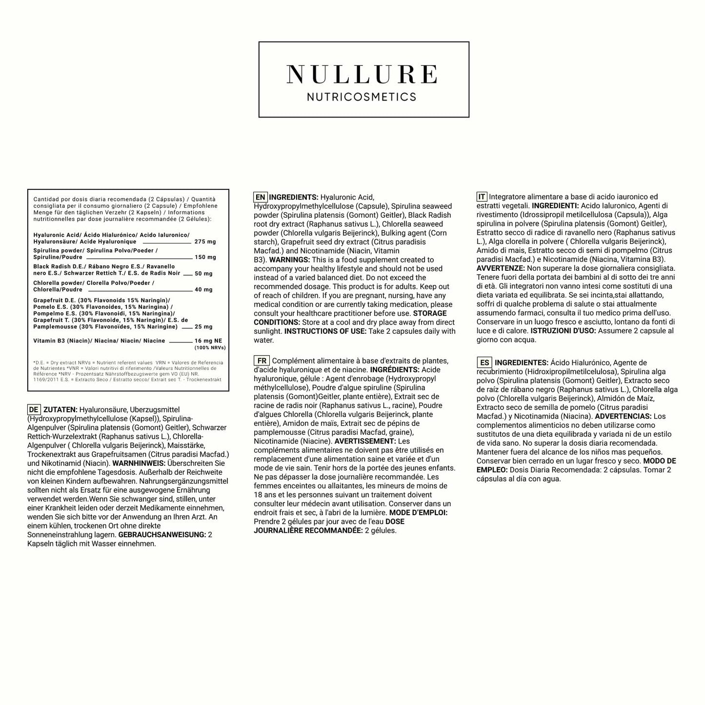 Hyaluronic Acid Nullure I Anti-Aging · Hydration · Skin Tone I Vegan Formula I - Hyaluronic Acid + Spirulina + Chlorella + Vitamin B3 + Black Radish + Grapefruit - 120 Capsules (2 Months)