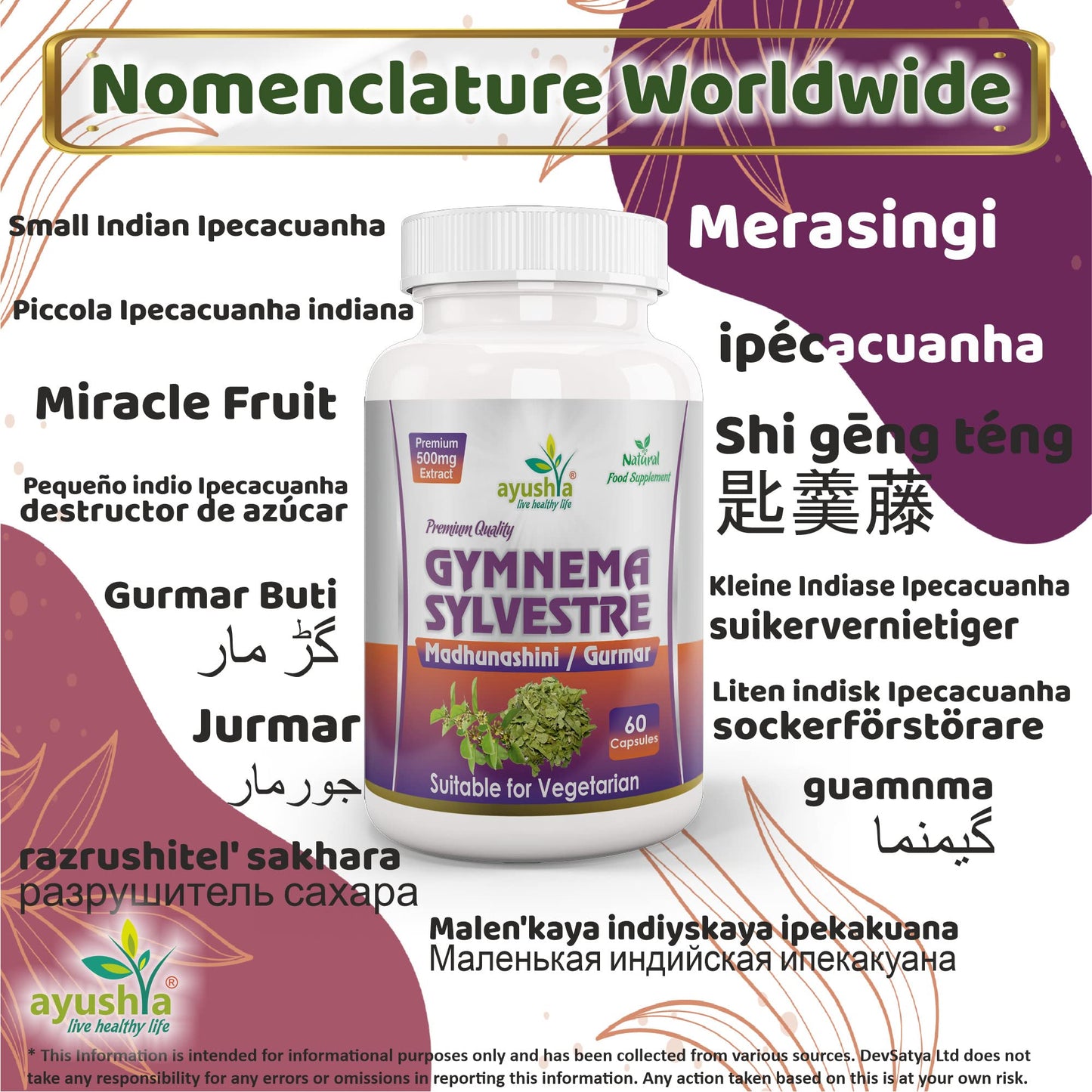 Ayushya Gymnema Sylvestre (Madhunaashini) Capsule, 500 mg Pure Extract, 60 Capsules