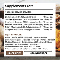 Multi Mushroom Complex by Nutripact - Contains Lions Mane, Reishi, Chaga Mushroom Powder, Shitake, Cordyceps & Maitake - High Strength Vegan Supplement - 60 Capsules - Shroompact