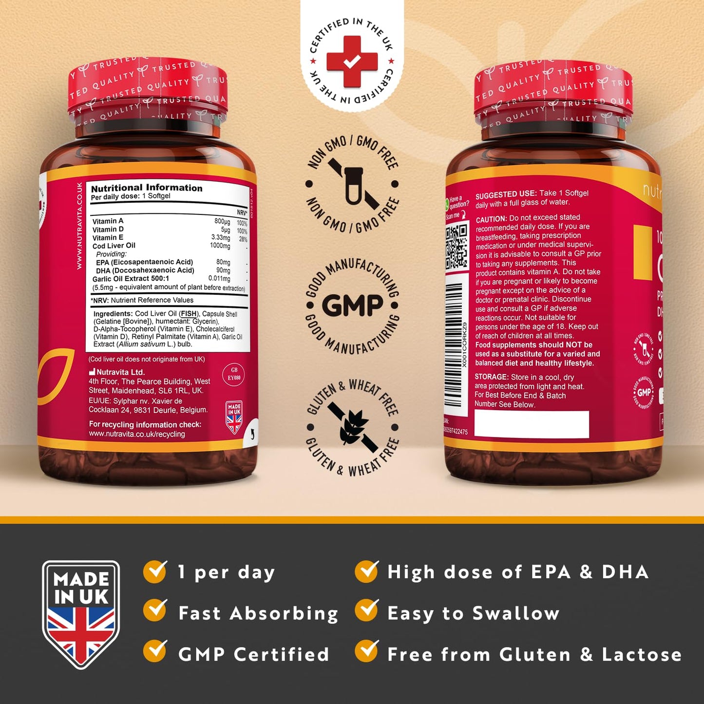 Cod Liver Oil 1000mg - 365 Softgels of Premium Cold Pressed Fish Oil - Rich in High Strength Omega 3, Vitamins A, D, E & Garlic Oil - Supports Heart & Brain Health - Made in The UK by Nutravita
