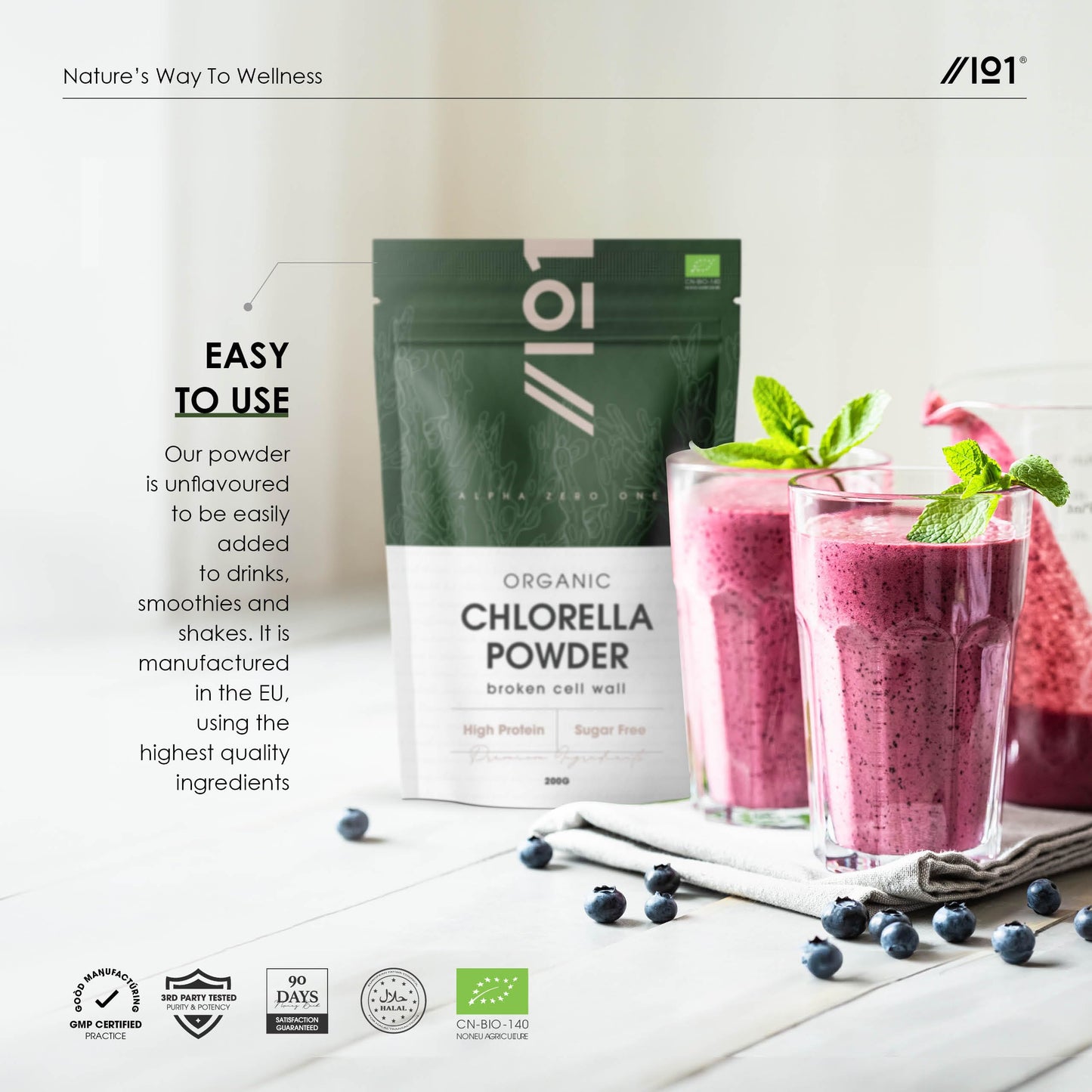 ALPHA01 Organic Chlorella Powder 200g - Broken Cell Wall - Pure Formula Supplement with No Additives – Resealable and Recyclable Pouch – by Alpha01