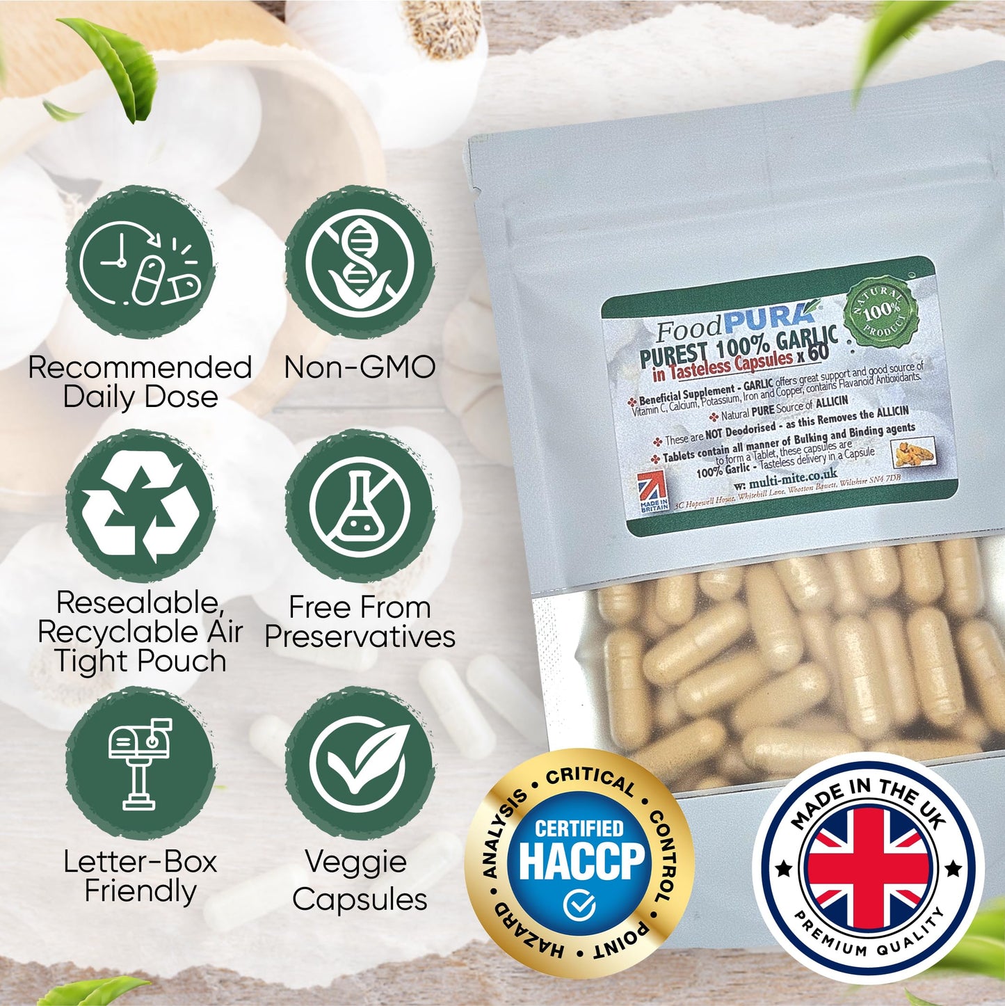 FoodPURA Pure Garlic Capsules Recommended Daily Strength 1000mg HACCP Certified, Manufactured in The UK by FoodPURA 1 Pack of 60 Capsules