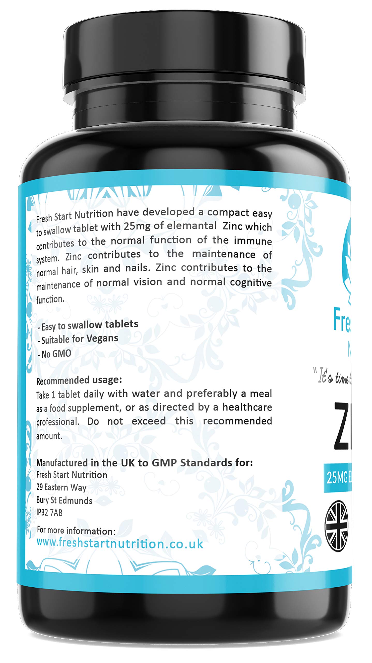 Zinc Tablets 25mg – Zinc Tablets High Strength for Maintenance of Normal Immune System, Hair, Skin, Nails & Bones Zinc Supplements - 180 Vegan Tablets – Made in The UK by Fresh Start Nutrition