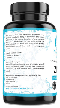 Zinc Tablets 25mg – Zinc Tablets High Strength for Maintenance of Normal Immune System, Hair, Skin, Nails & Bones Zinc Supplements - 180 Vegan Tablets – Made in The UK by Fresh Start Nutrition