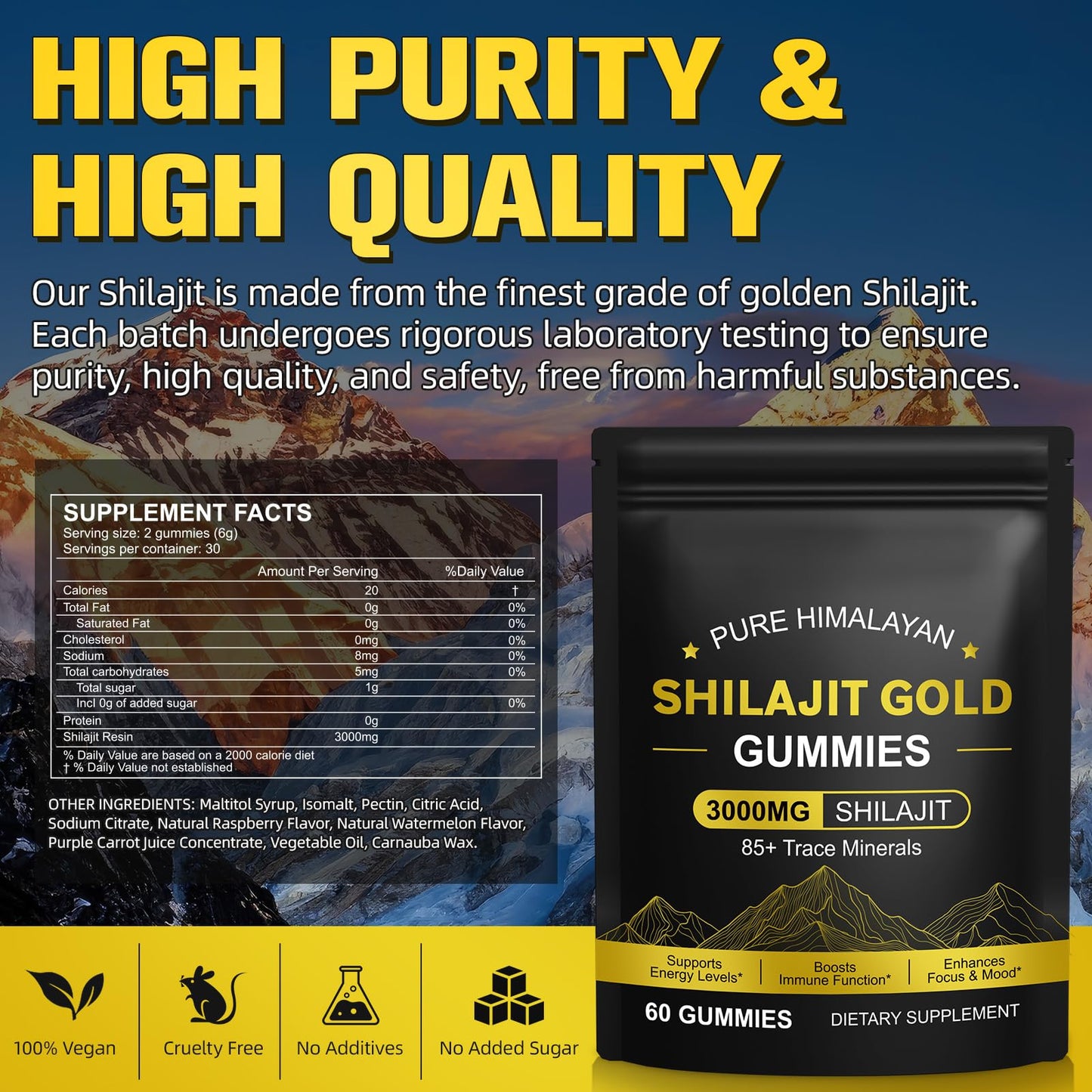 Generic Gold Shilajit Gummies for Men & Women, Shilajit Pure Himalayan Gummy 3000mg, Energy & Boost Immune Support, Enhances Focus, Gluten Free & Vegan (60 Gummies)