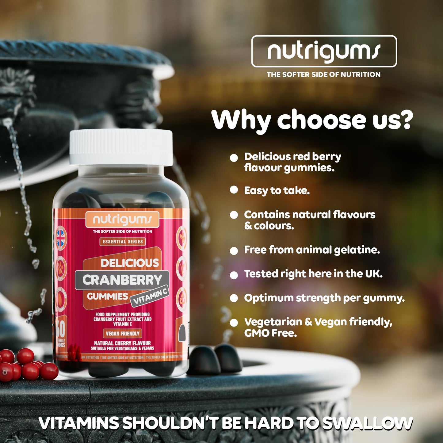 Nutrigums Cranberry & Vitamin C Gummy | Cherry Flavour | 60 Vegan Gummies | Cranberry Extract 9000mg (25% Proanthocyanidins) + Vitamin C 80mg | High Strength | UTI support for Women & Men by NUTRIGUMS®