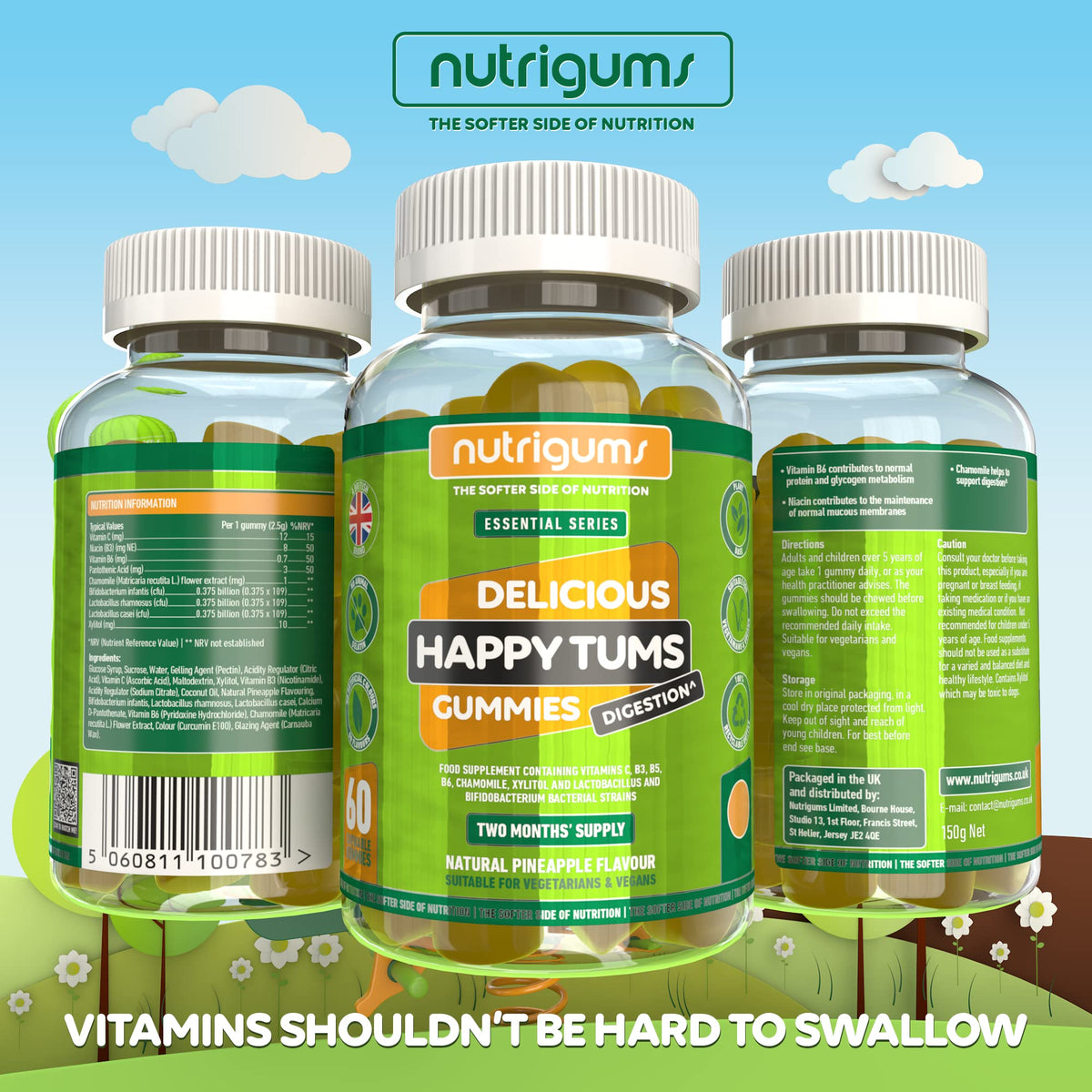 Nutrigums Happy Tums Probiotic Complex Gummy | 1.125 Billion CFU Triple Strain Probiotics, Vitamin C, B3, B5, B6 & Chamomile 1000mg | Pineapple Flavour | 60 Vegan Gummies | Gut & Digestive Health by NUTRIGUMS®