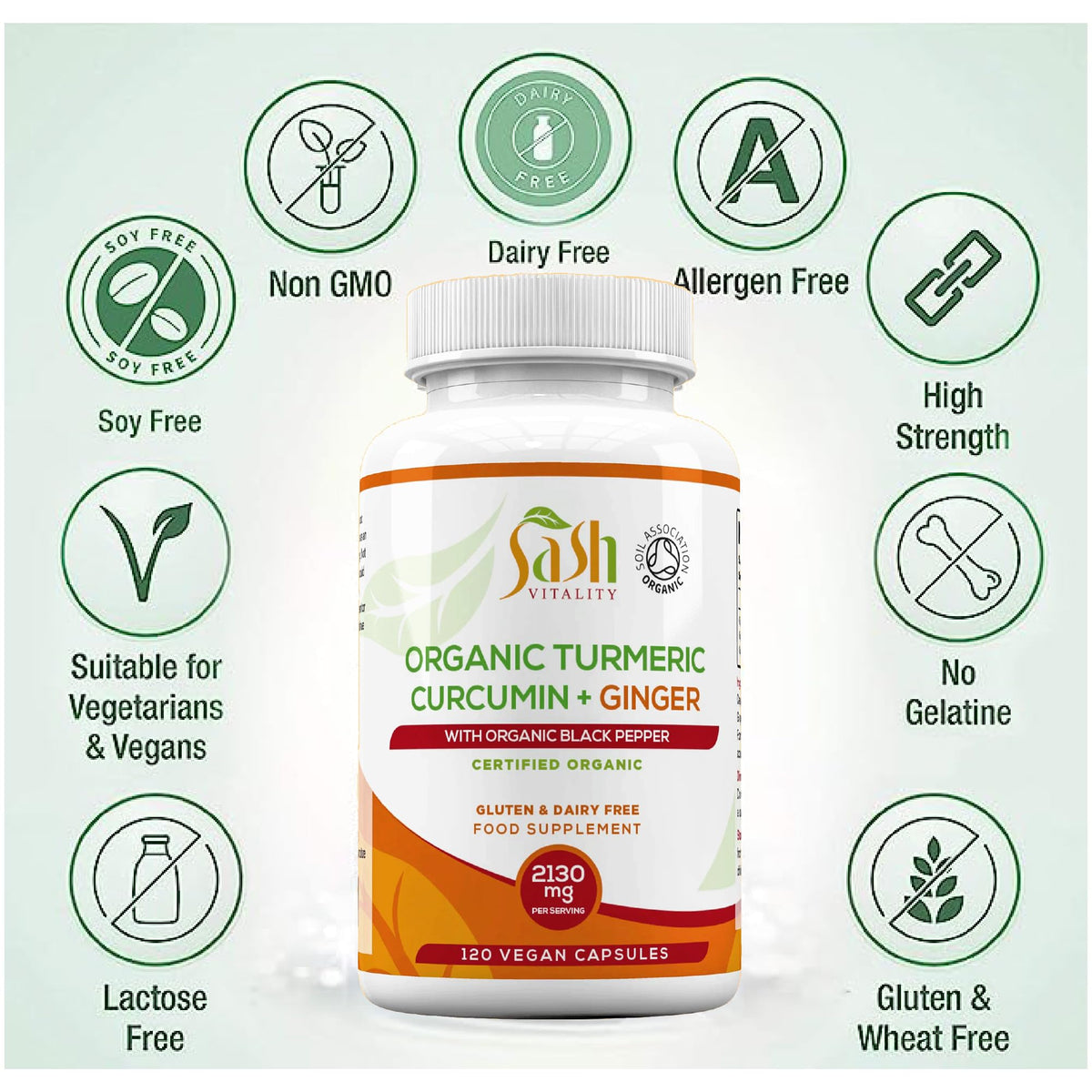 SASH Vitality Sash Vitality Organic 3600mg Turmeric Curcumin with Black Pepper & Ginger | 120 Vegan Turmeric Capsules High Strength | Supports Joints | Immune System Support | Soil Association Certified Organic UK