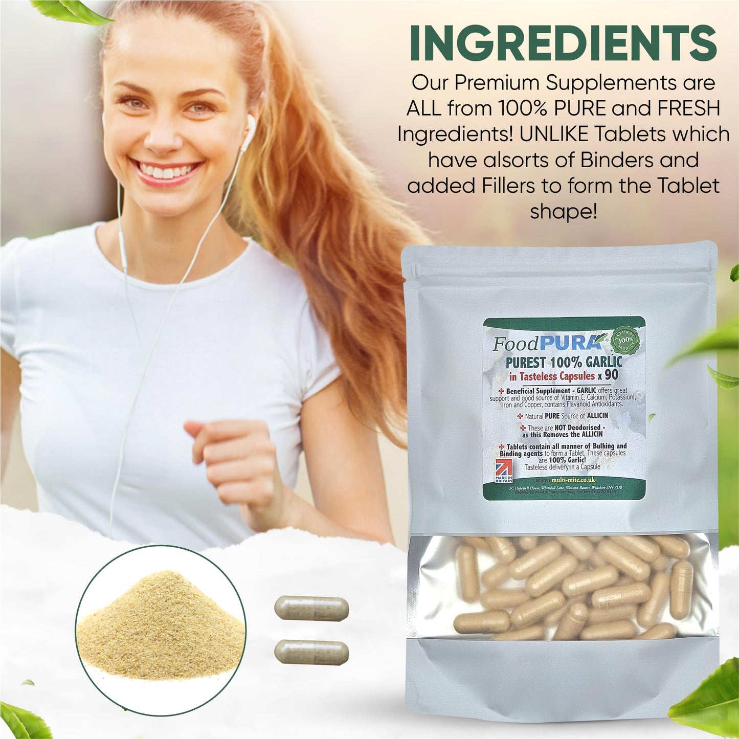 FoodPURA Pure Garlic Capsules Recommended Daily Strength 1000mg HACCP Certified, Manufactured in The UK by FoodPURA 1 Pack of 90 Capsules