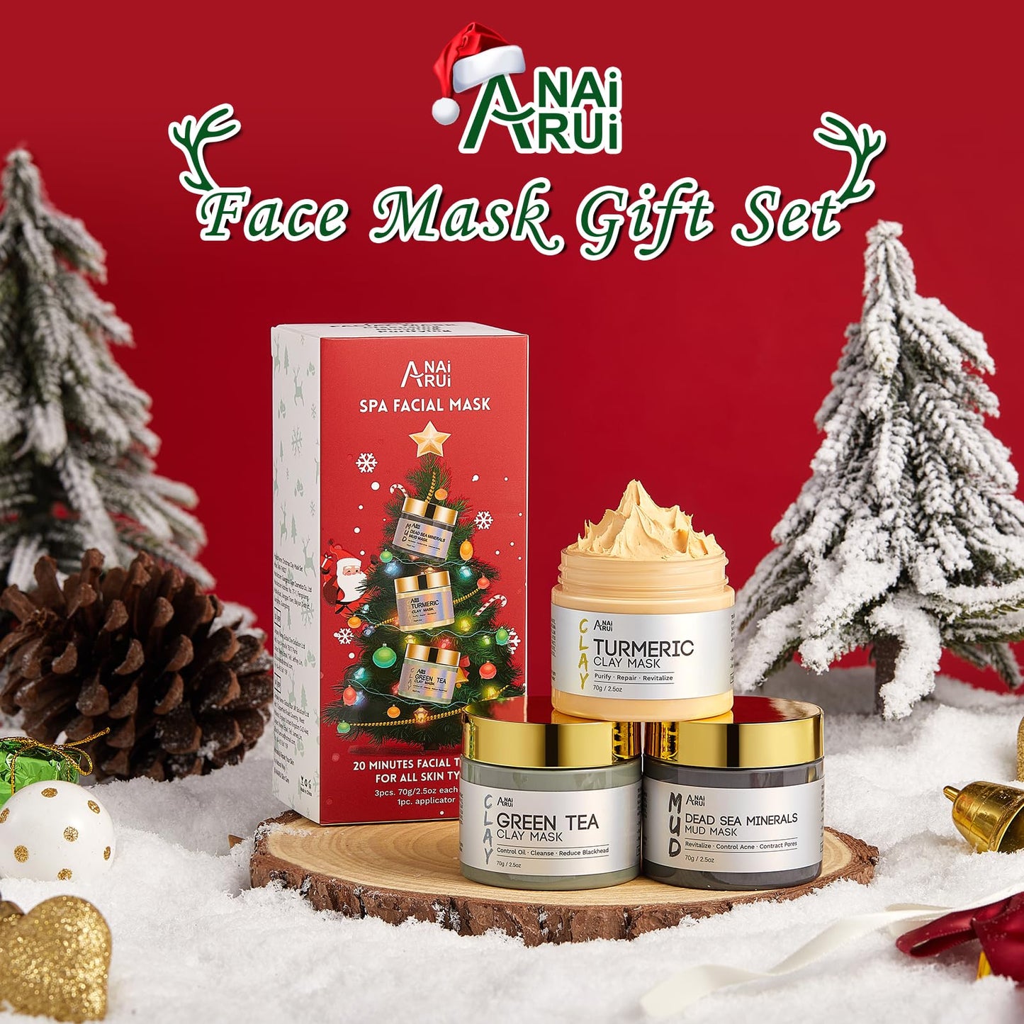ANAI RUI ANAiRUi Face Mask Gift Set for Christmas 70g*3, Turmeric Clay Mask - Green Tea Clay Face Mask - Dead Sea Minerals Mud Mask, 210 G