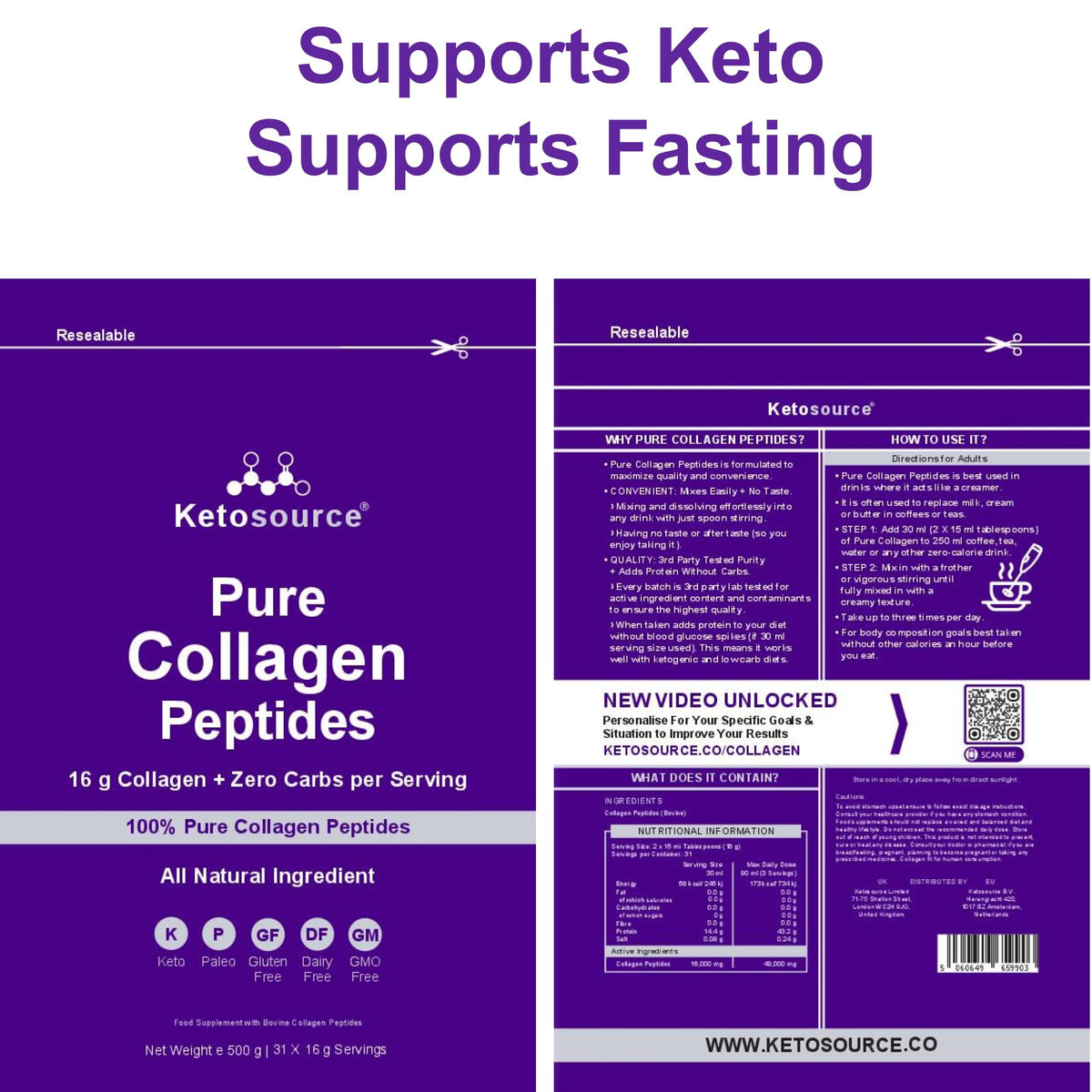 Ketosource Pure Collagen Peptides | Zero Aftertaste | Hydrolyzed Bovine | 500g Pouch